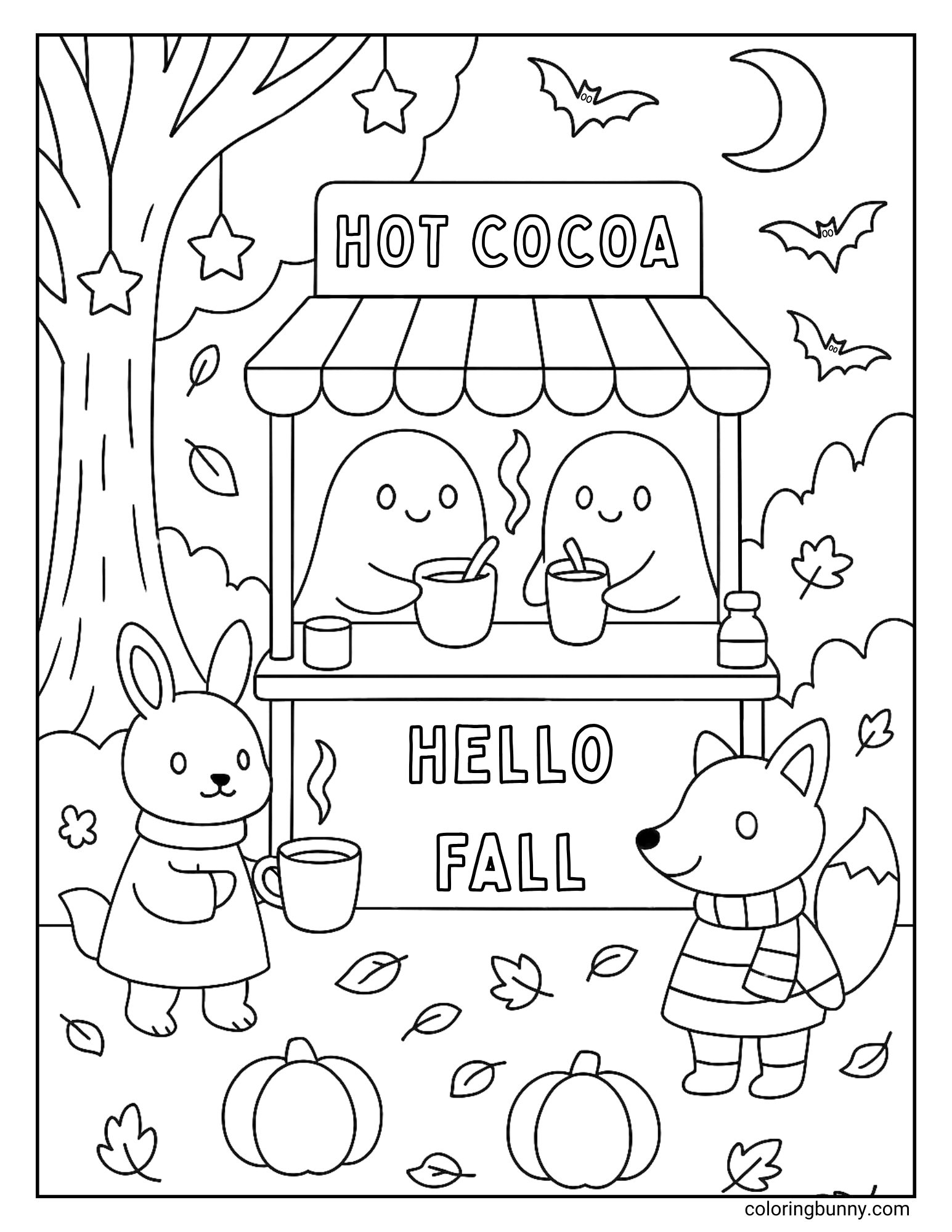 Cute fall scene with ghosts running a hot cocoa stand, bunny and fox sipping drinks, pumpkins, leaves, and bats in a Halloween coloring page.