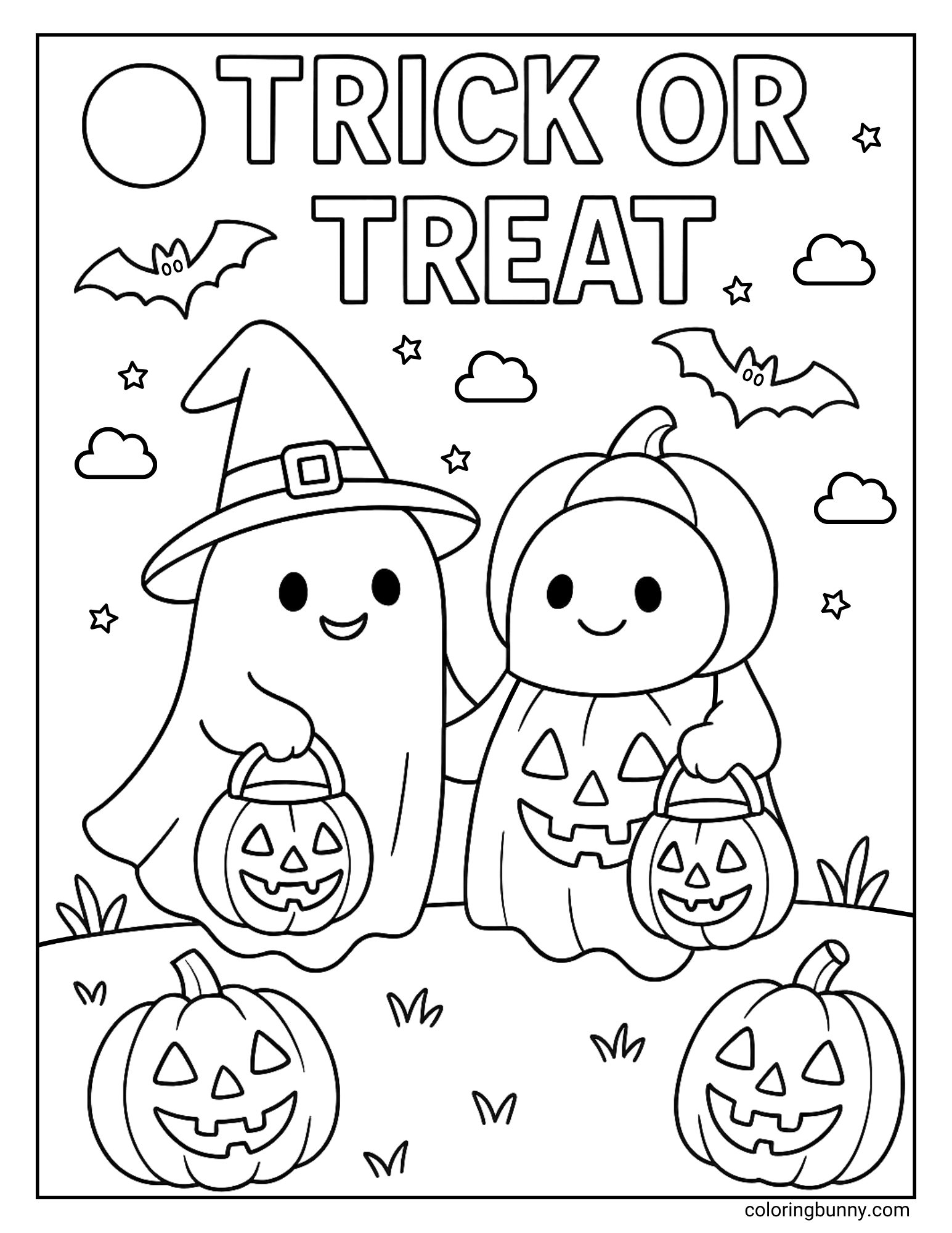 A fun Halloween coloring sheet with the words 'Trick or Treat' at the top. Below the text, two cute ghosts are dressed in costumes, one as a witch and one as a pumpkin, and are holding candy pails.