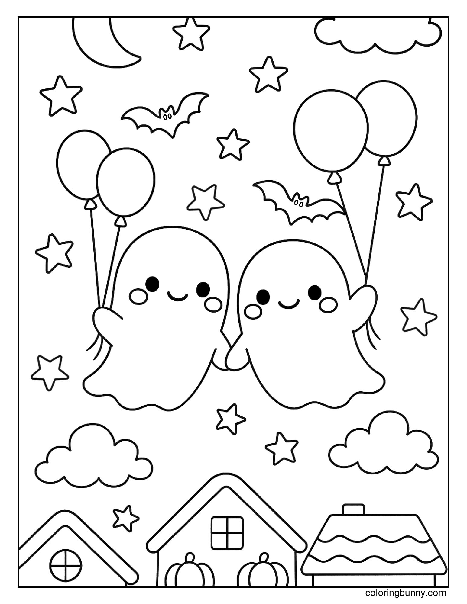 Cute Halloween coloring page with two smiling ghosts holding balloons, floating over houses with pumpkins, surrounded by stars, moon, clouds, and bats.