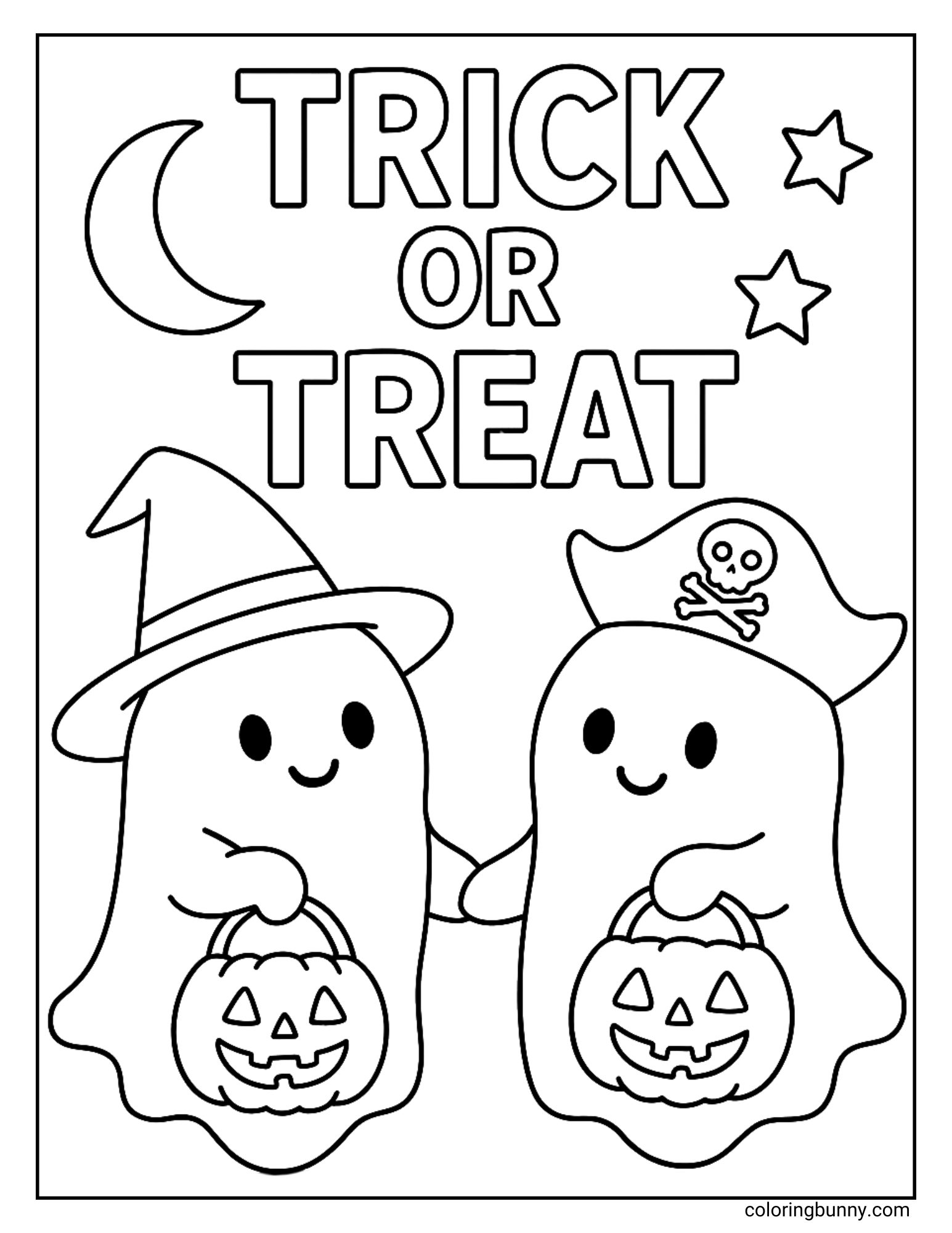 Two cute ghosts dressed as a witch and a pirate holding pumpkin buckets and holding hands under the moon and stars, trick or treat coloring page.