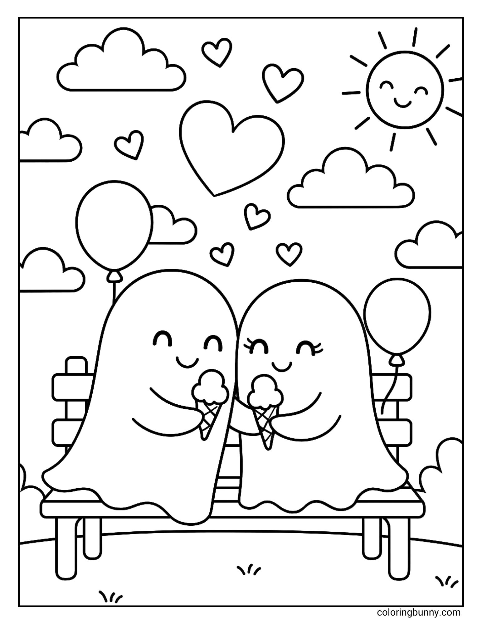 A romantic and cute coloring sheet where two happy ghosts are on a date. They are sitting close together on a park bench, each eating an ice cream cone under a smiling sun with hearts floating in the air.