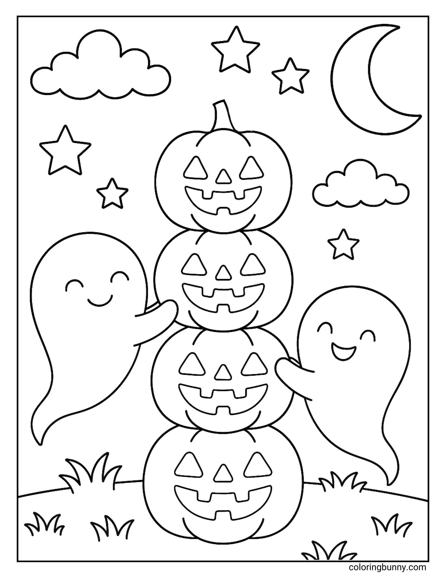Two cute ghosts happily stacking jack-o’-lantern pumpkins into a tall tower under the moon and stars in a Halloween coloring page.