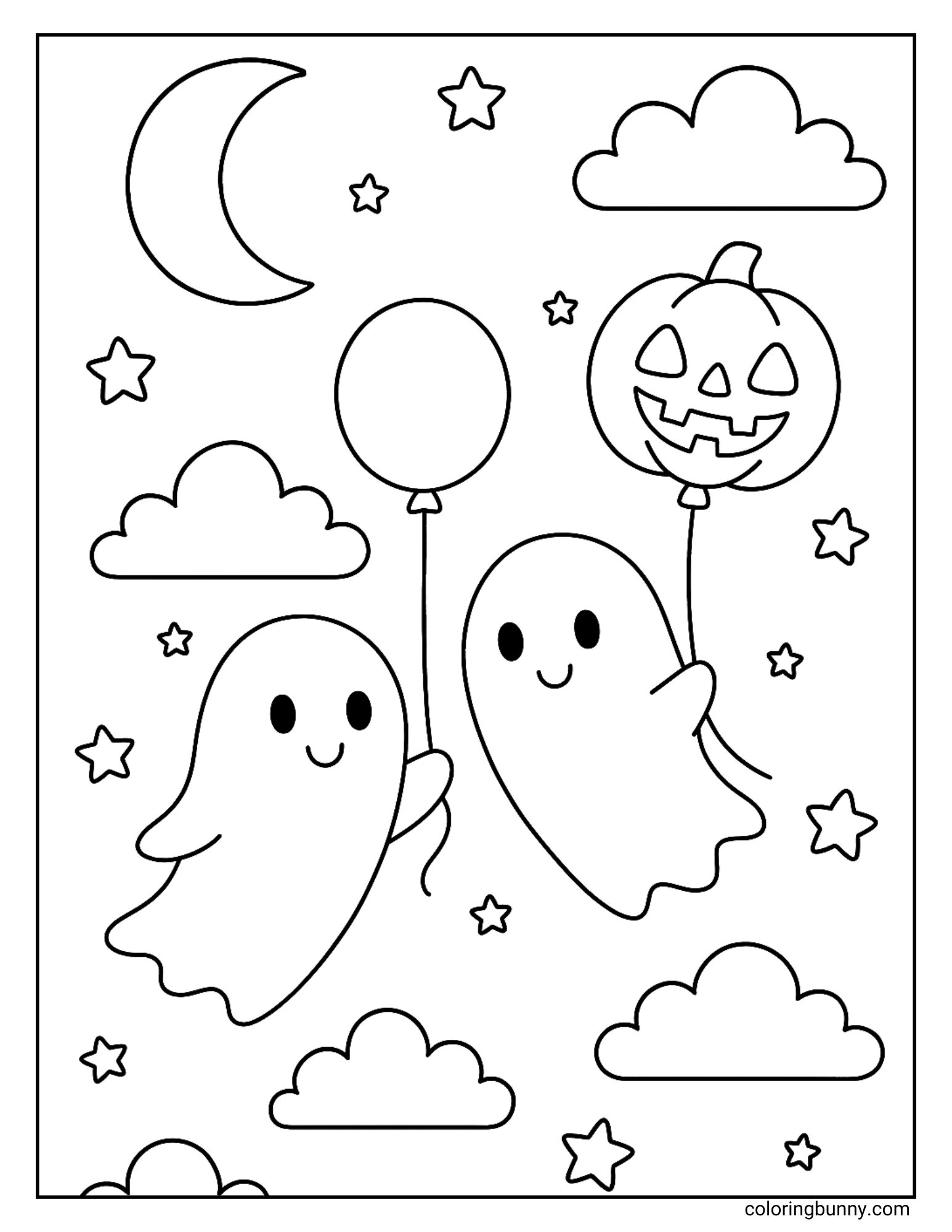A whimsical coloring page of two cute ghosts floating in the night sky among stars and clouds. One ghost is holding a regular balloon, while the other holds a balloon shaped like a jack-o'-lantern.