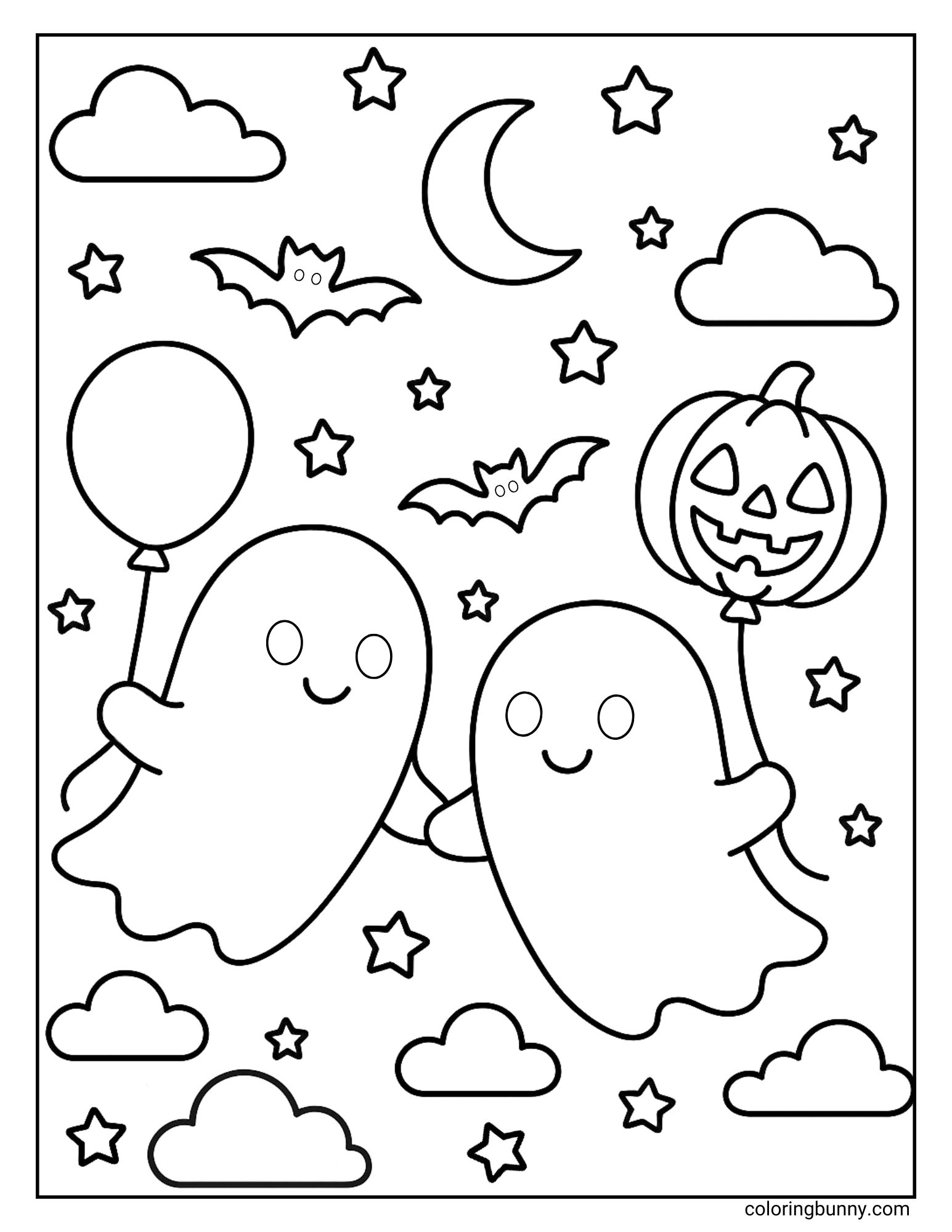 A coloring page featuring two friendly ghosts holding hands, with a cluster of balloons floating above them on a fun coloring sheet.