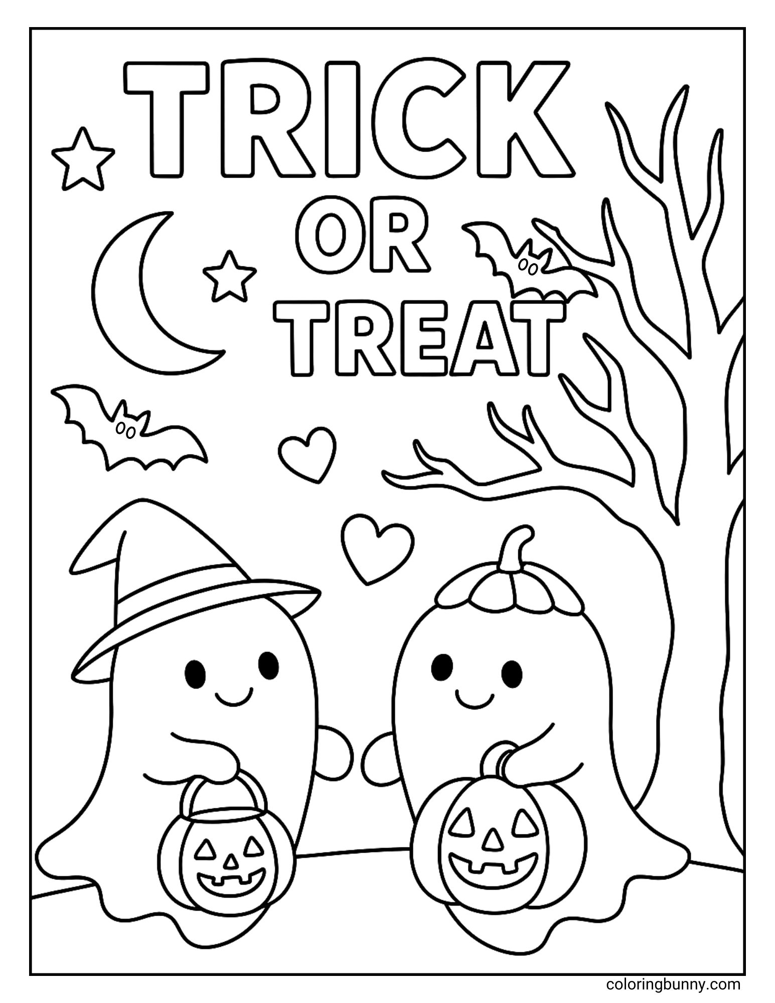 Two cute ghosts in costumes holding pumpkin buckets under the moon with bats and stars, trick or treat coloring page.