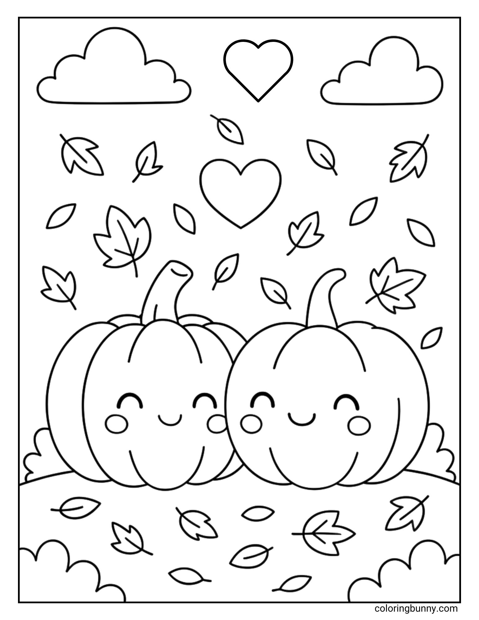 A sweet fall coloring page featuring two smiling pumpkins with rosy cheeks sitting together, surrounded by floating hearts, clouds, and swirling autumn leaves, making a fun and cozy picture for kids to color.