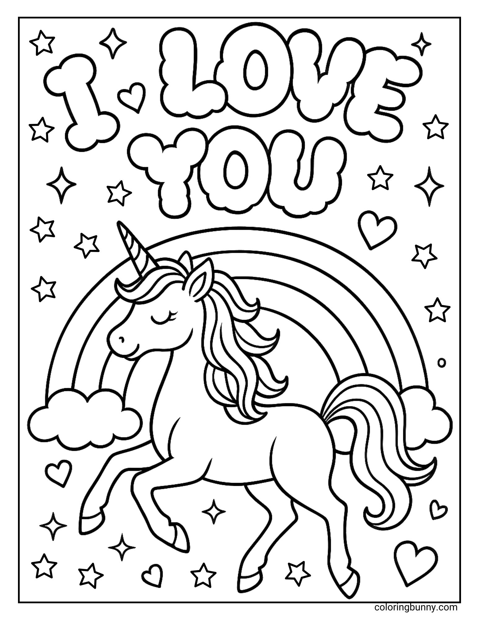 An I Love You coloring page with a graceful unicorn trotting in front of a rainbow and fluffy clouds. The big bubble letters I Love You float above, surrounded by stars and hearts.