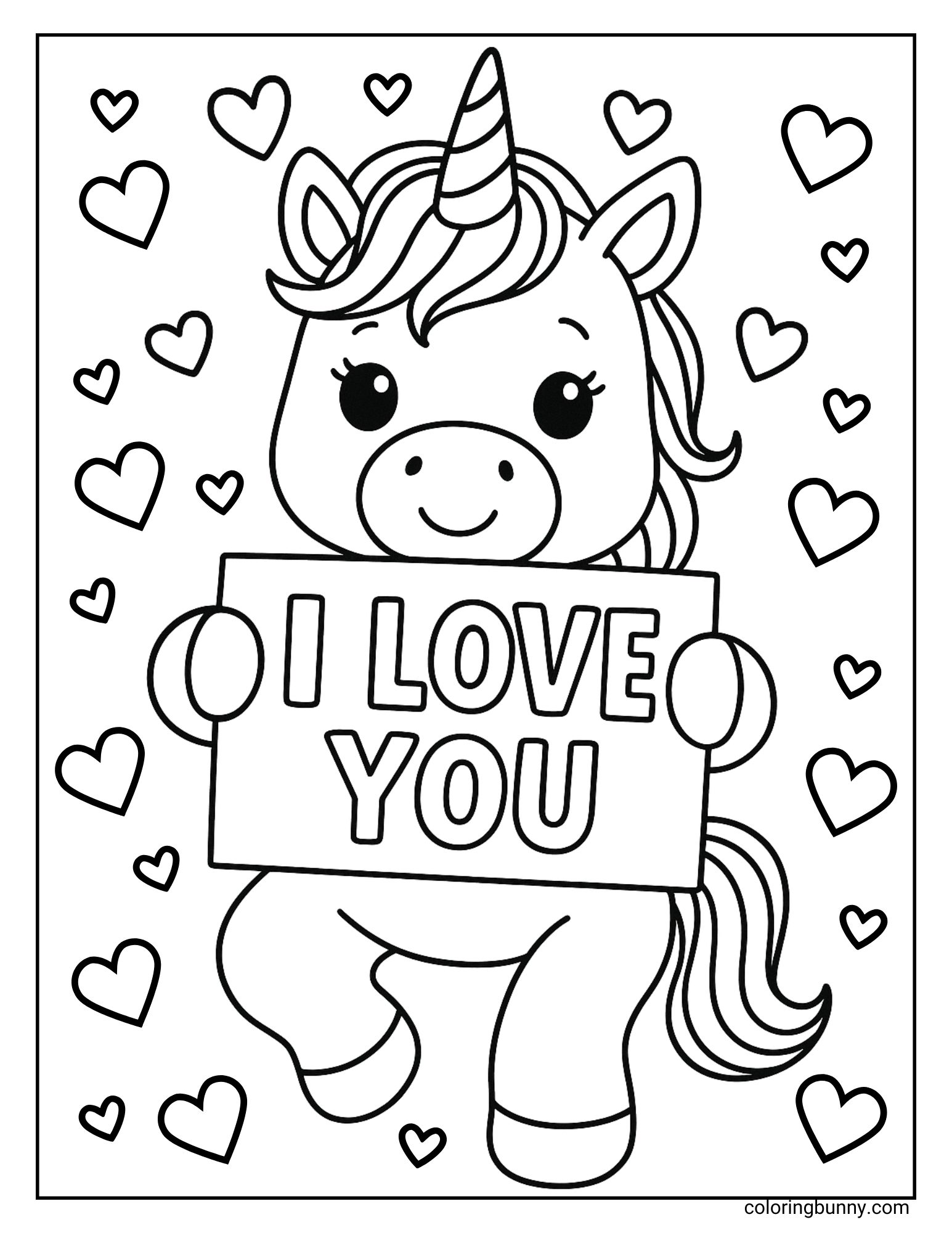 An "I Love You" themed coloring page of a cute unicorn holding a sign with the words "I LOVE YOU". The background is filled with hearts.