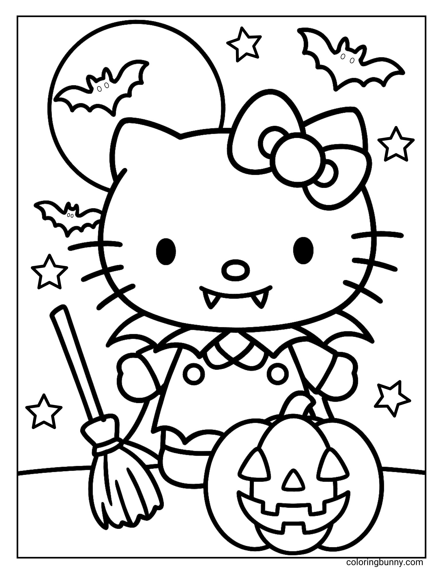 Coloring page of Hello Kitty in a vampire costume with a cape and fangs, standing with a broom and jack-o’-lantern under the full moon, surrounded by stars and flying bats.