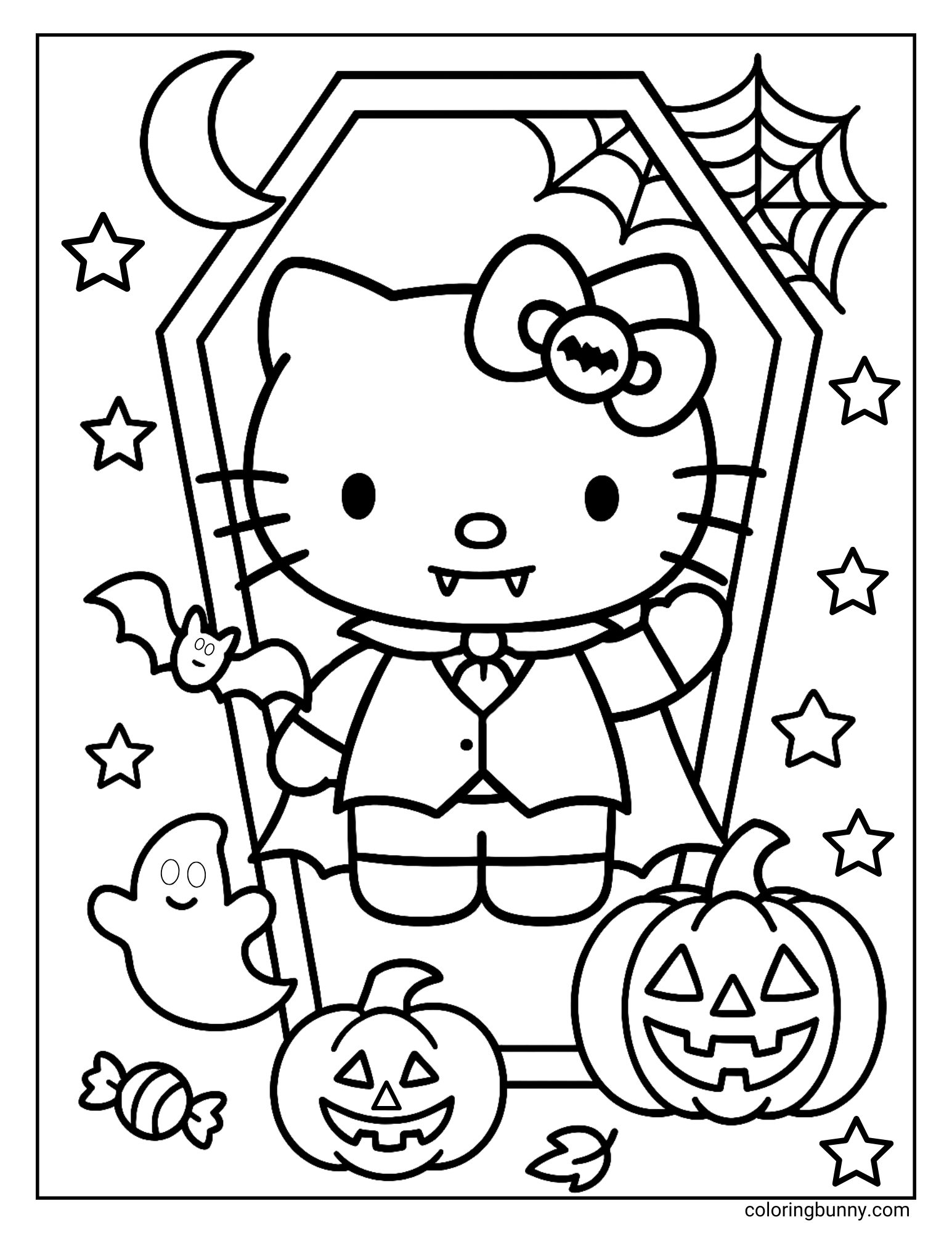 Hello Kitty Halloween coloring page of Hello Kitty dressed as a vampire with fangs, coming out of a coffin, with pumpkins, a ghost, and a bat in the background.