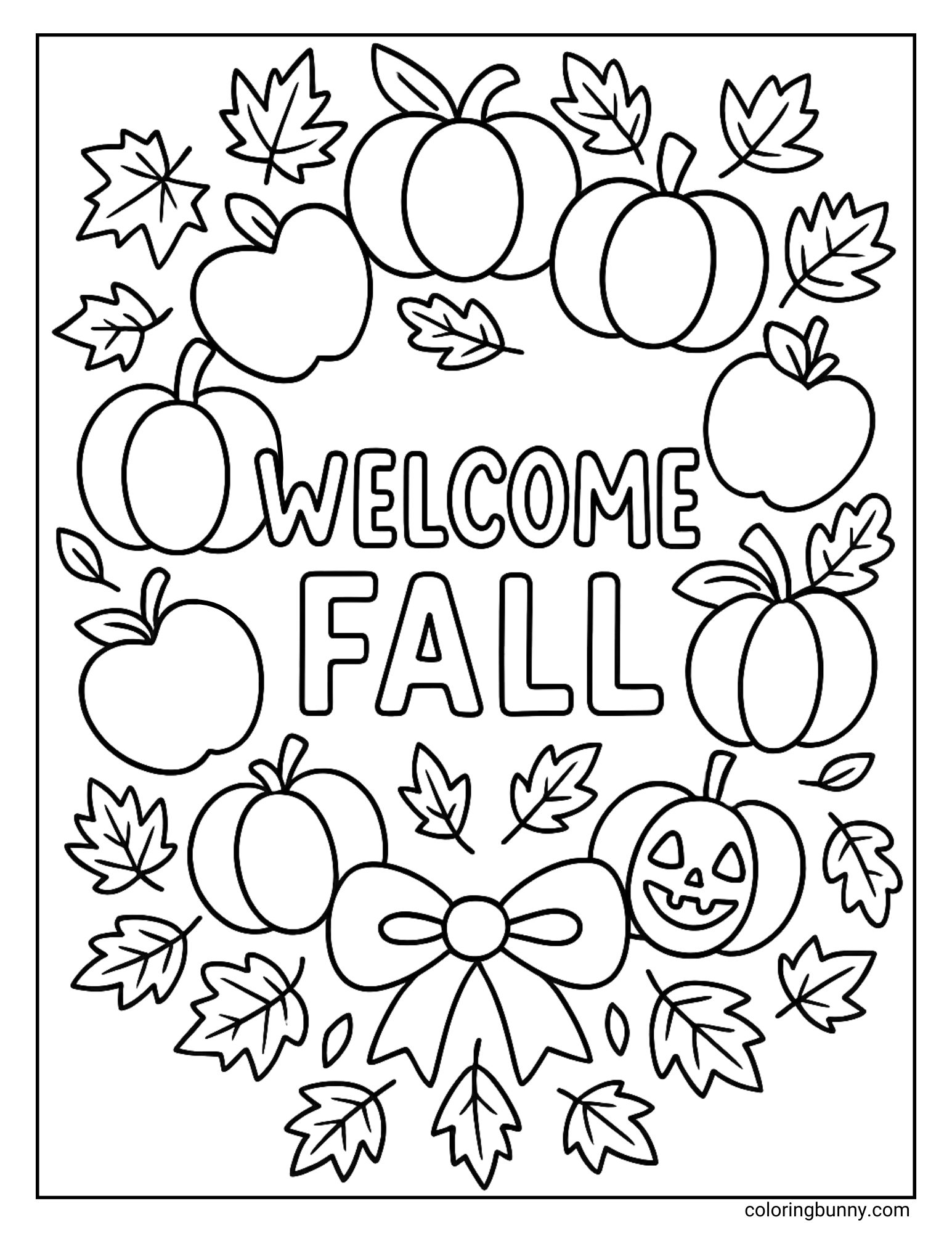 Cute fall design with pumpkins, apples, leaves, bow, and a smiling jack-o’-lantern around the words “Welcome Fall” in a festive coloring page.