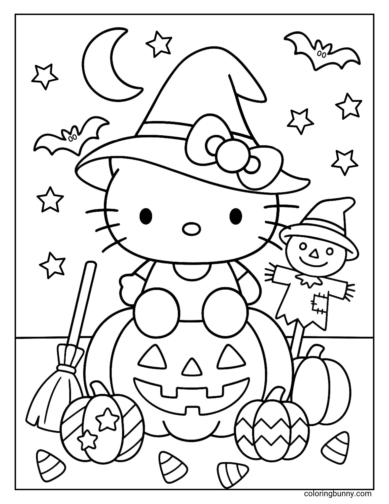 Halloween Hello Kitty coloring sheet showing Hello Kitty dressed as a witch with a pointy hat, sitting on a jack-o’-lantern surrounded by pumpkins, candy corn, stars, bats, and a scarecrow.