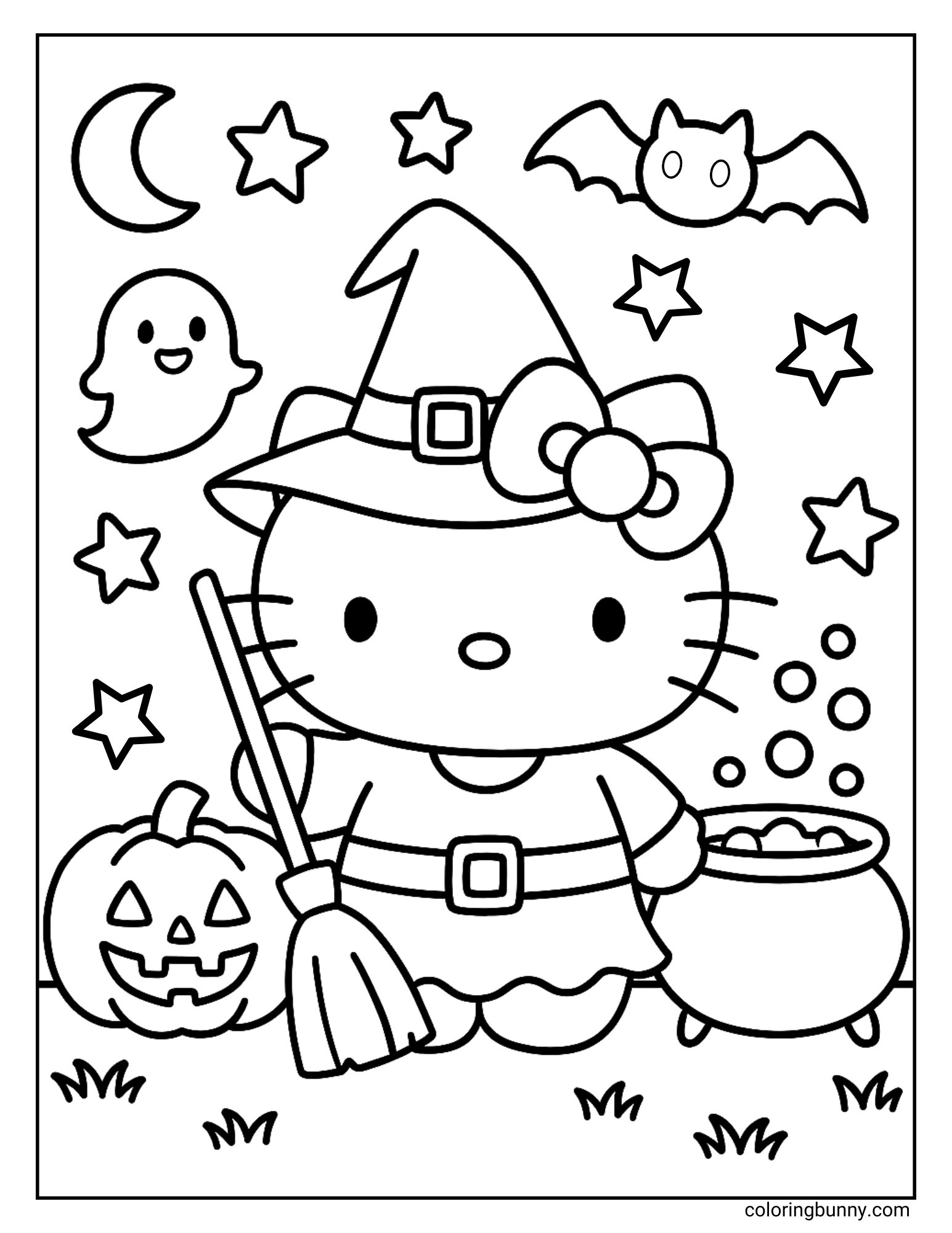 A Halloween coloring page of Hello Kitty dressed as a witch with a broom, jack-o’-lantern, bubbling cauldron, bat, ghost, stars, and a crescent moon.