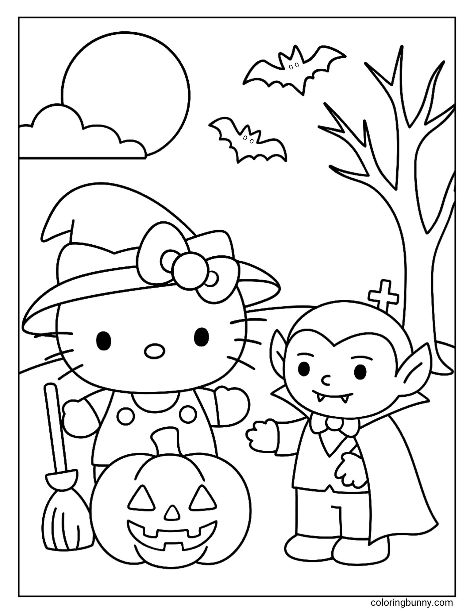 Hello Kitty Halloween coloring page of Hello Kitty in a witch hat with a broom and jack-o’-lantern, standing beside a smiling vampire, with bats, a bare tree, clouds, and a full moon in the background.
