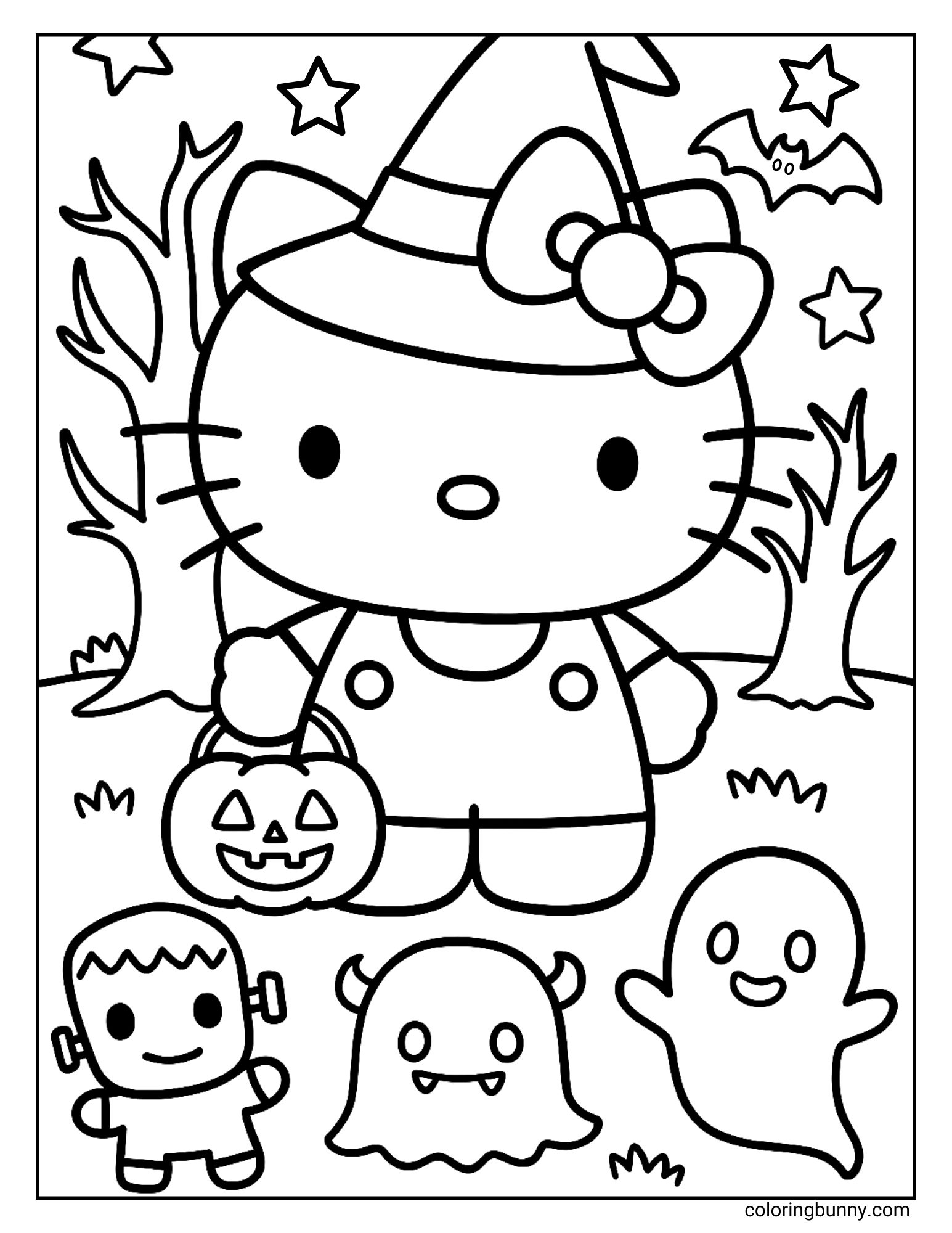 A Halloween coloring page of Hello Kitty wearing a witch hat and overalls, holding a pumpkin-shaped trick-or-treat bucket. Around her are cute monster friends, including a ghost, a Frankenstein, and a bat flying in the night sky with stars and trees in the background.