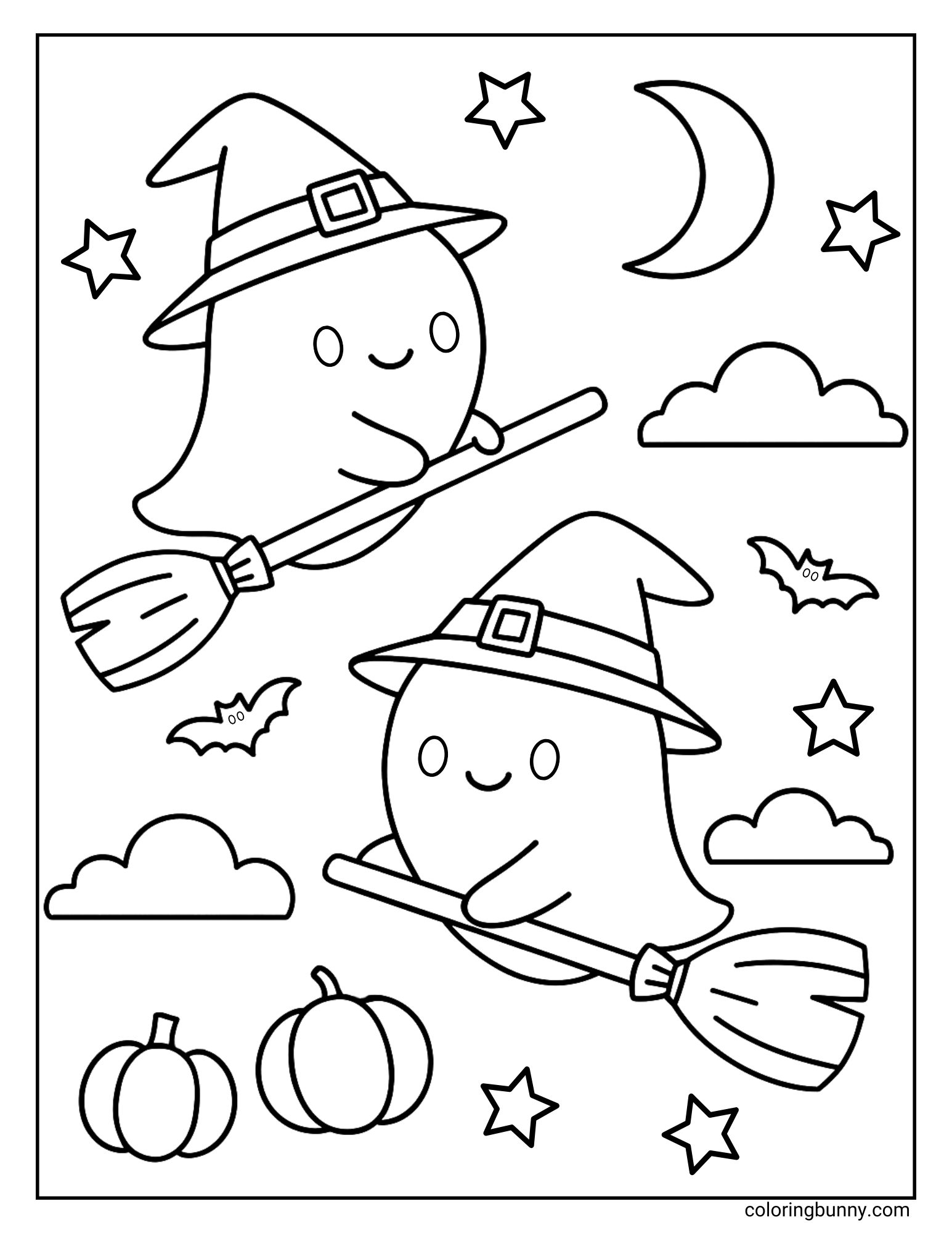 Two ghosts wearing witch hats fly on broomsticks in the night sky with stars, bats, pumpkins, clouds, and a crescent moon, Halloween coloring page.