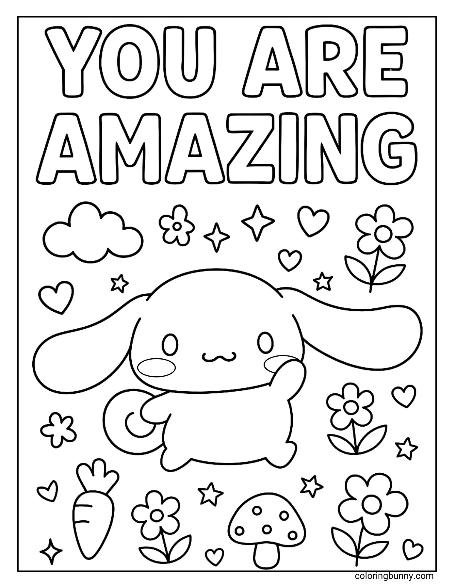A Cinnamoroll coloring page with the big words “You Are Amazing” at the top. The cheerful Sanrio puppy stands in a playful scene with flowers, hearts, stars, a mushroom, a carrot, and fluffy clouds.