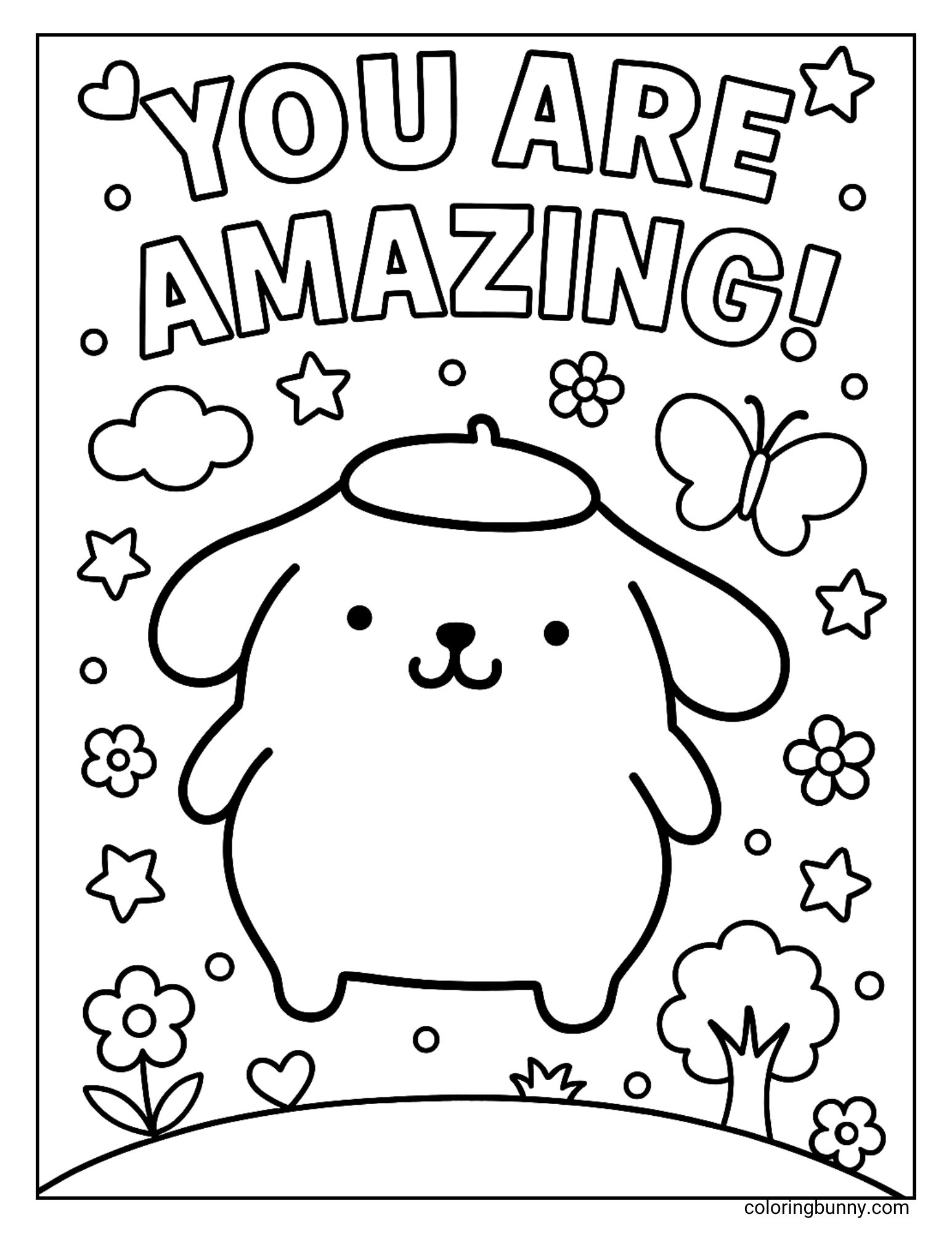 Coloring page of Pompompurin with the uplifting phrase “You Are Amazing” written above him in big bubble letters. He stands on grassy ground with flowers, stars, clouds, and a butterfly around, making a happy.