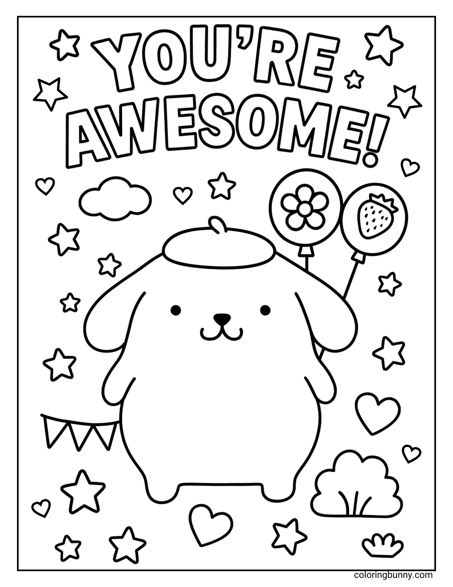 Pompompurin coloring page shows him holding two balloons with stars, hearts, and the words “You’re Awesome!” floating above, turning the scene into a joyful party kids will love to color.