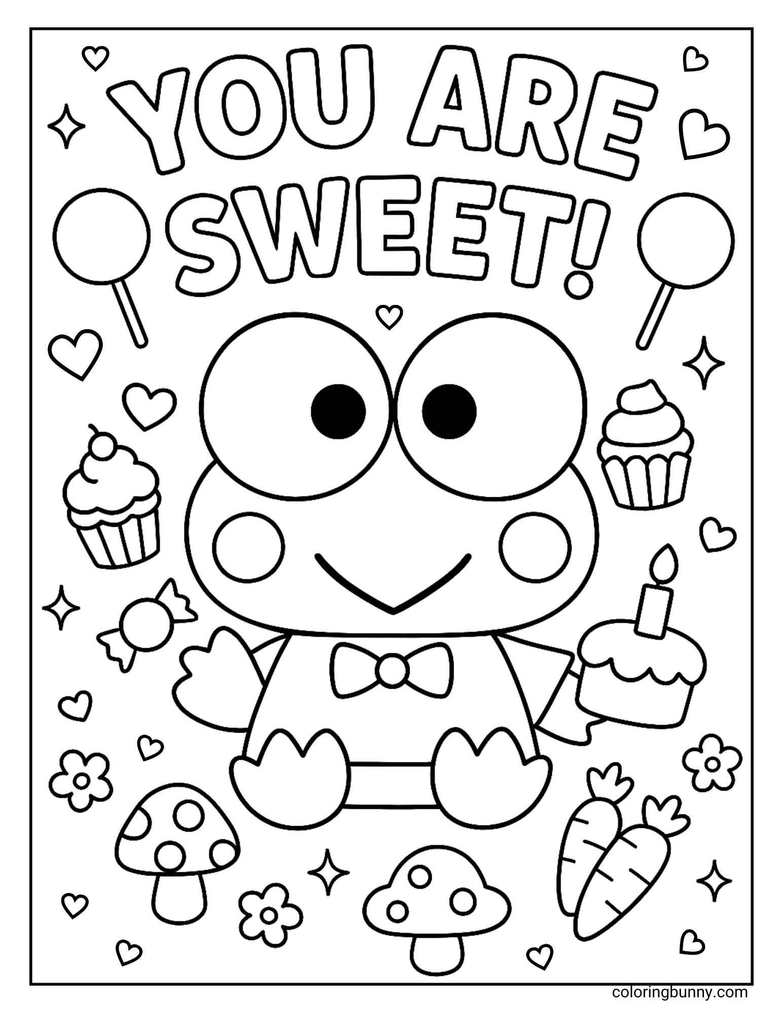 A Keroppi coloring page showing the cheerful frog character wearing a bow tie and holding a cake with a candle. The background is decorated with cupcakes, lollipops, candies, mushrooms, flowers, carrots, and hearts, with the words “You Are Sweet!” at the top.