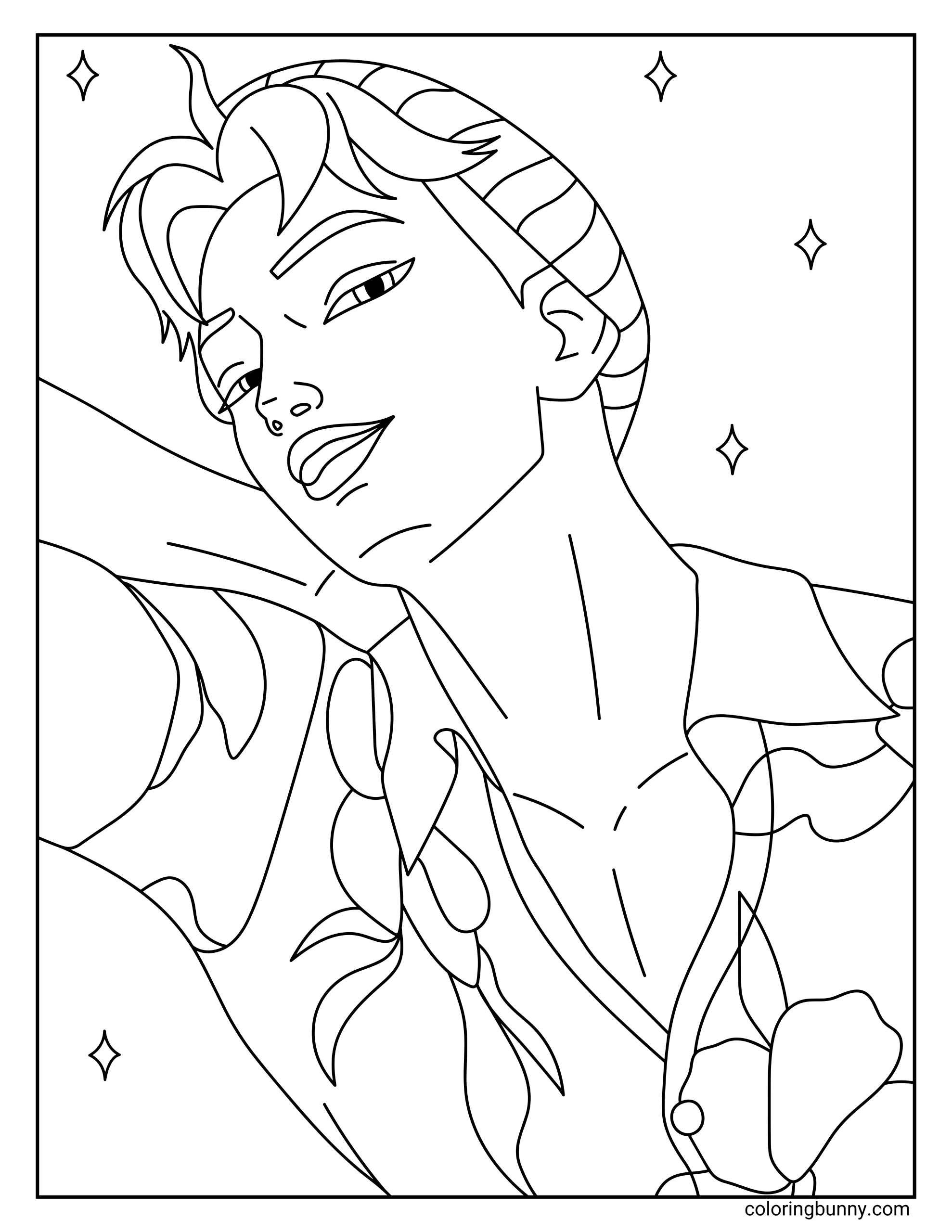 Coloring page of Abs of the Saja Boys from KPop: Demon Hunters, smiling confidently while leaning back with one arm behind his head, wearing a beanie and a floral-patterned shirt.
