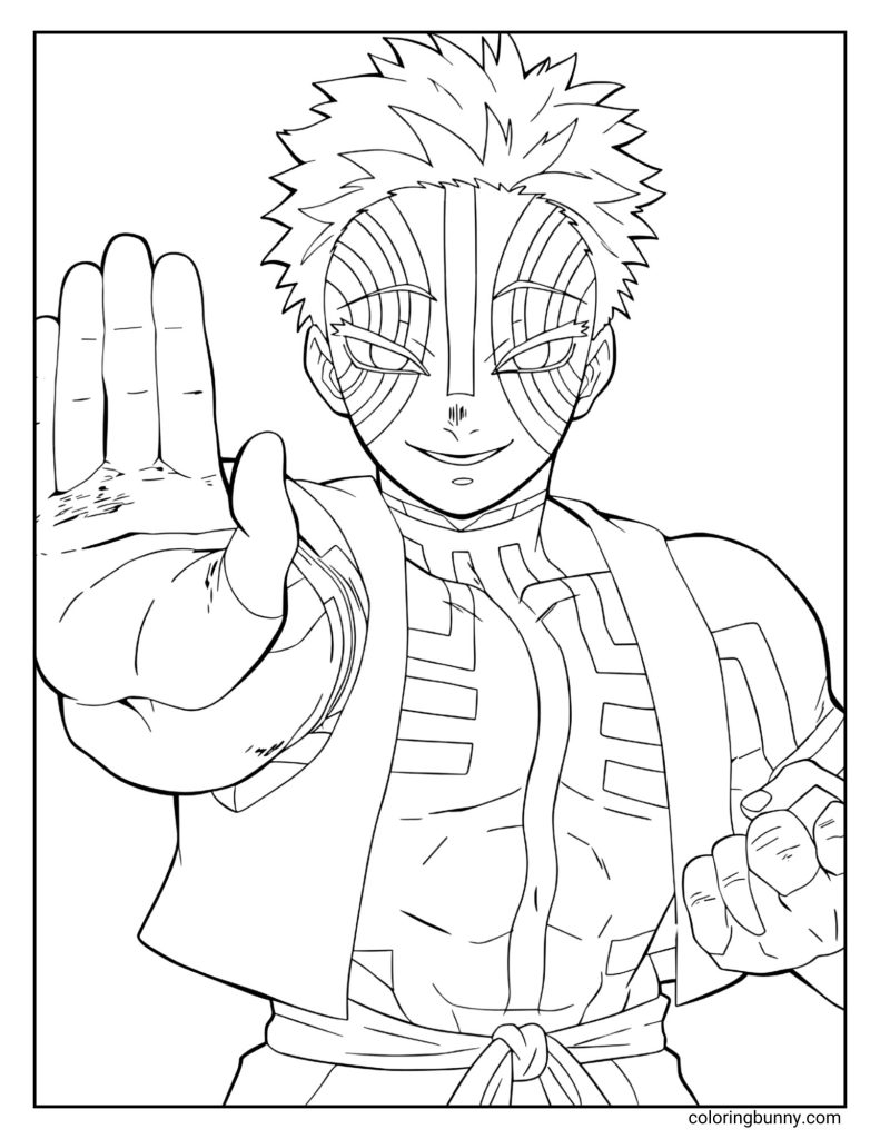 This coloring page features Akaza from Demon Slayer: Kimetsu no Yaiba, standing in a dynamic pose with one hand extended forward and the other clenched in a fist. His muscular build, bold facial markings, and confident smile are captured in detailed line art, highlighting his powerful and intimidating presence.