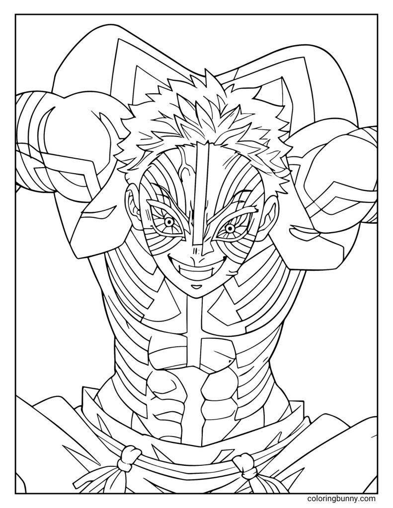 A detailed line drawing of Akaza from Demon Slayer: Infinity Castle, shown mid-battle in a powerful stance. His muscular form is highlighted with his signature markings across his body and face, as he leans forward with a fierce smile and clenched fists, ready to strike.