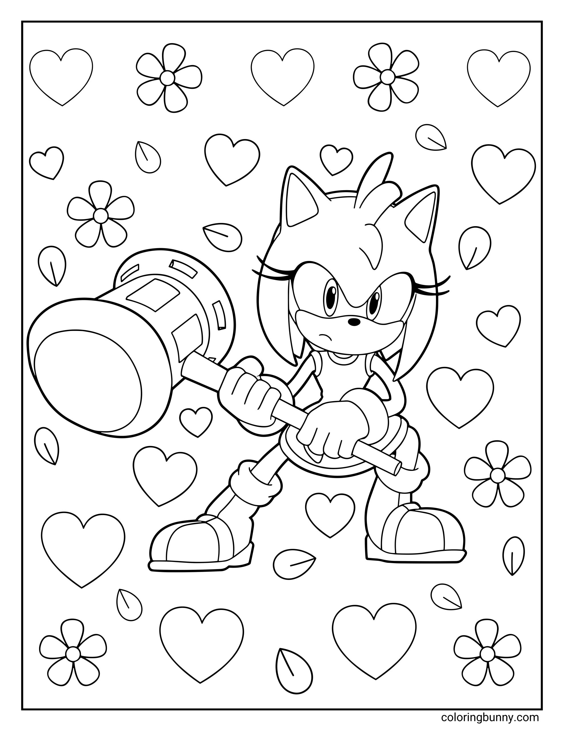 Amy Rose coloring page featuring Amy from Sonic the Hedgehog holding her signature Piko Piko Hammer in a battle-ready pose. The background is filled with hearts, flowers, and petals.