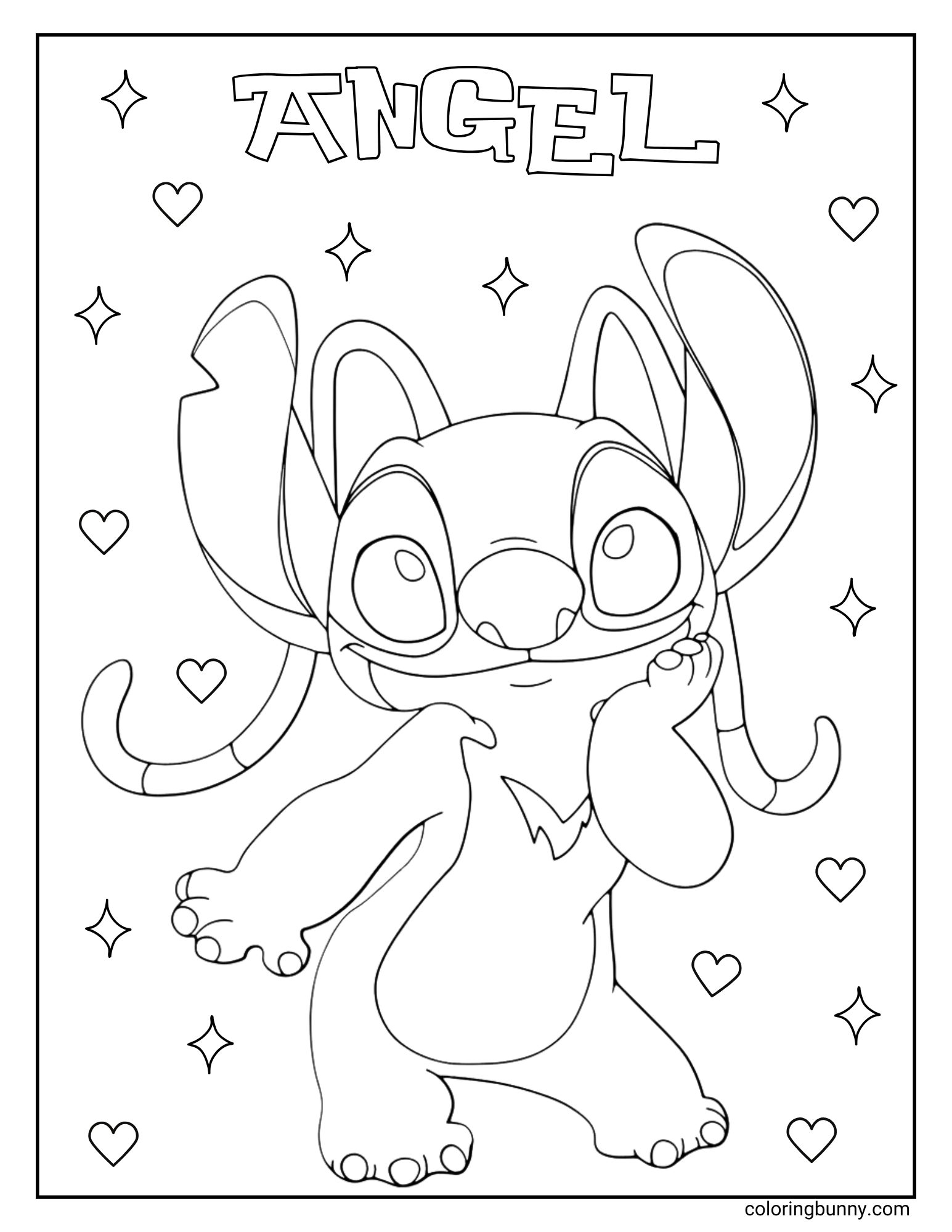 An Angel coloring page of the Disney character Angel from Lilo & Stitch. She is striking a sweet pose with her hand to her chin. The background is decorated with hearts, sparkling stars, and her name "ANGEL" written at the top.