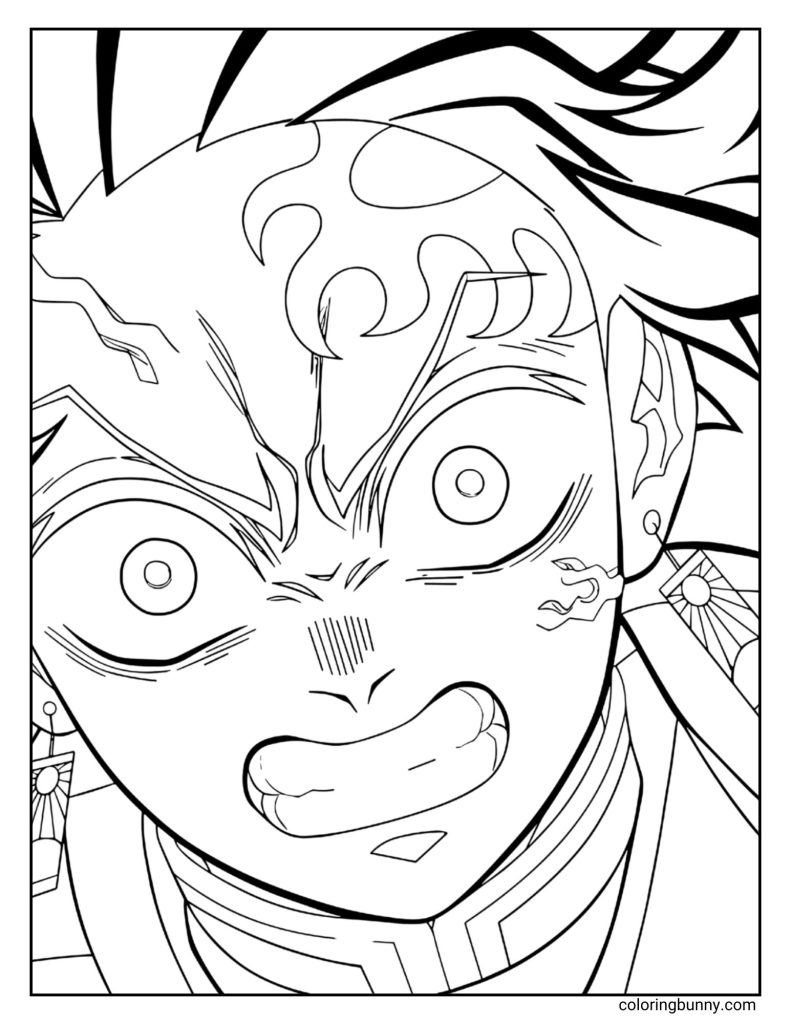 This coloring page features Tanjiro Kamado from Demon Slayer: Kimetsu no Yaiba in an intense close-up action scene. His eyes are wide with determination, his flame-like scar glows across his forehead, and his hanafuda earrings swing as he charges forward. His expression shows fierce focus and emotion, with dynamic hair and bold line art emphasizing movement and power.