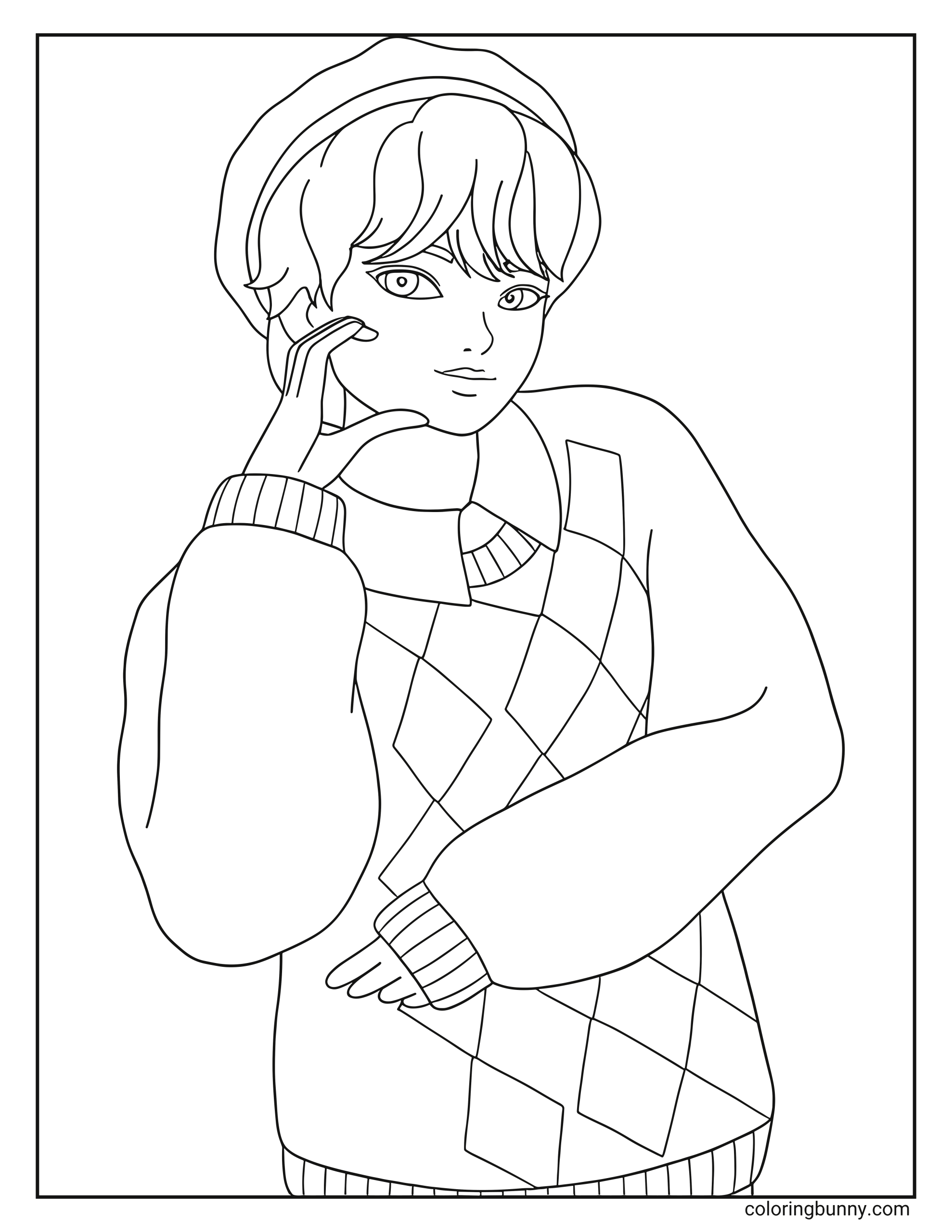 Coloring page of Baby from KPop: Demon Hunters, posing with one hand near his cheek, wearing a cozy argyle sweater and a beret.
