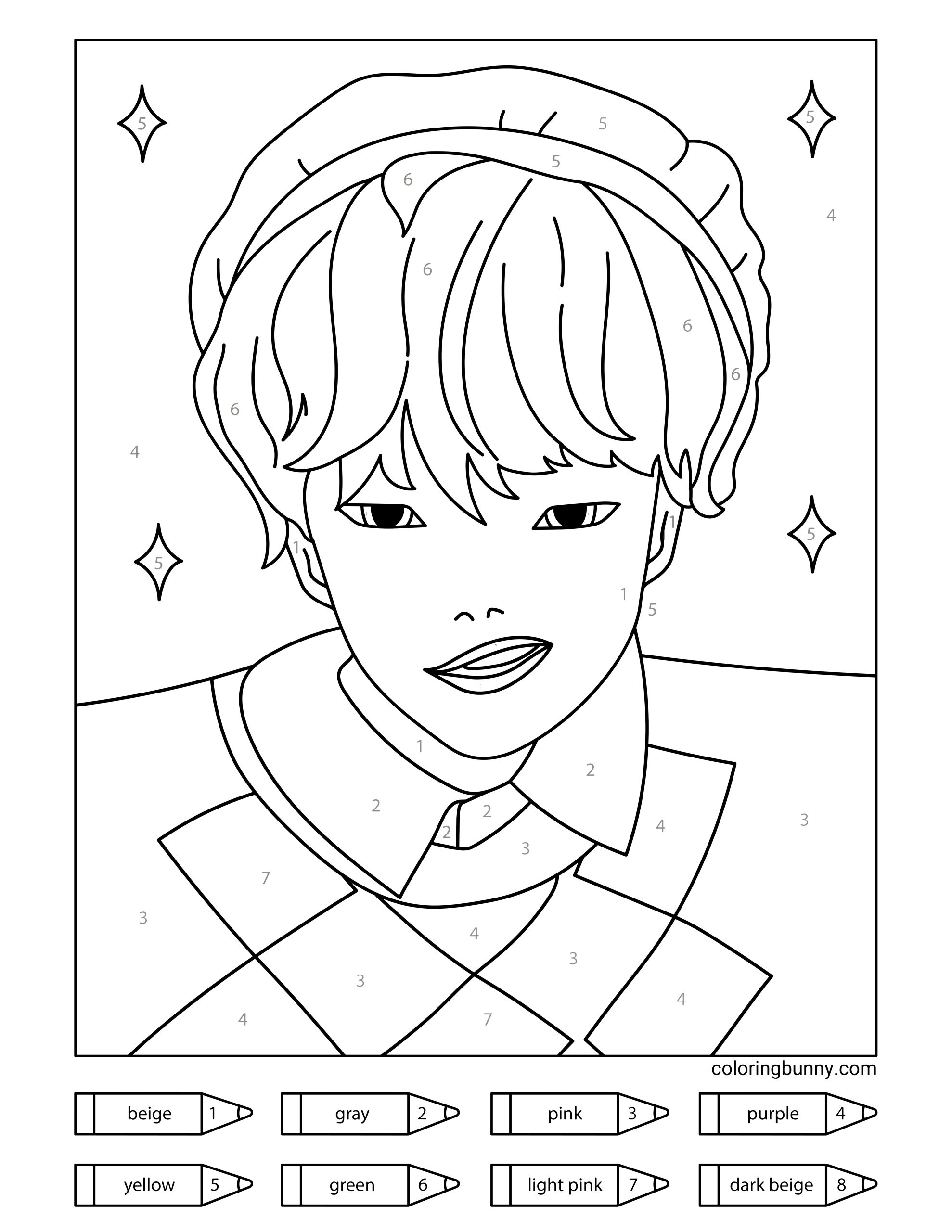 A Baby Saja KPop Demon Hunters "Color by Number" coloring page. The page shows a simple portrait of Baby Saja with numbered sections to be colored in beige, gray, pink, purple, yellow, green, light pink, and dark beige. The design includes star accents around Baby Saja's face and clothing. The color guide is displayed at the bottom of the page.