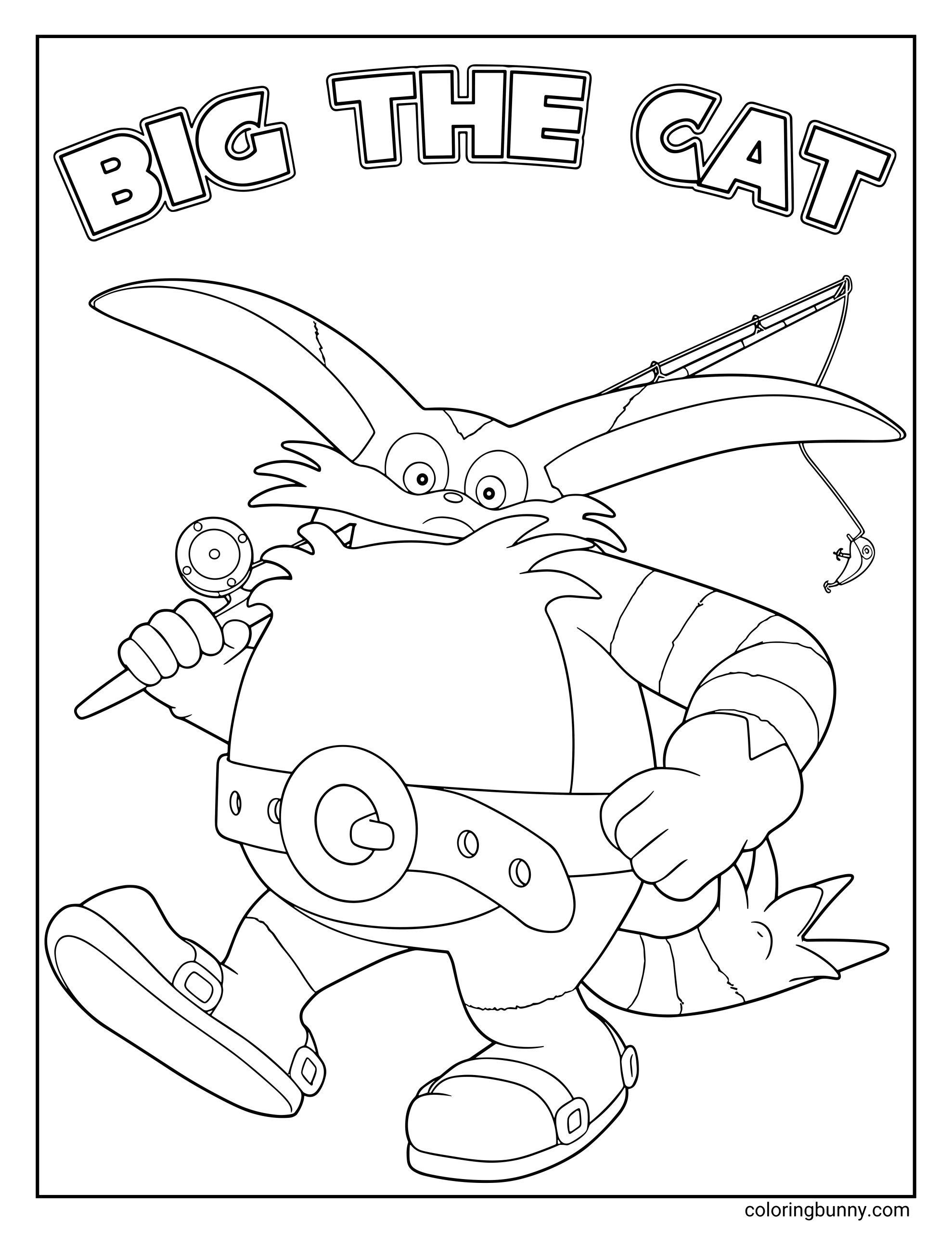A coloring page of Big the Cat from the Sonic series, holding his fishing rod and smiling confidently with his large belt and striped tail.