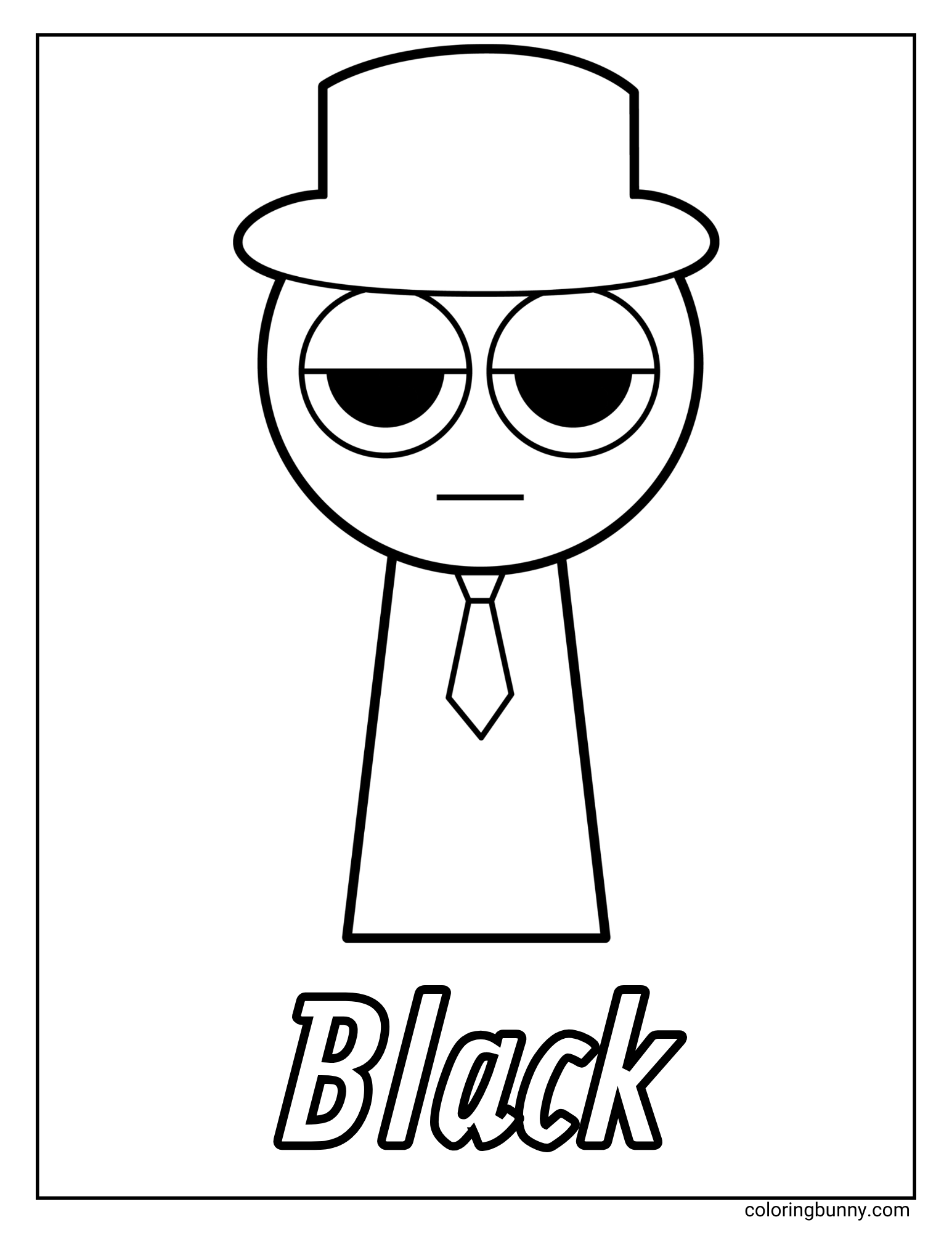 A simple coloring page of the Sprunki character named Black. Black is a cool cartoon figure dressed in a fedora hat and a tie, with a very sleepy or unimpressed expression on his face. His name is written at the bottom.