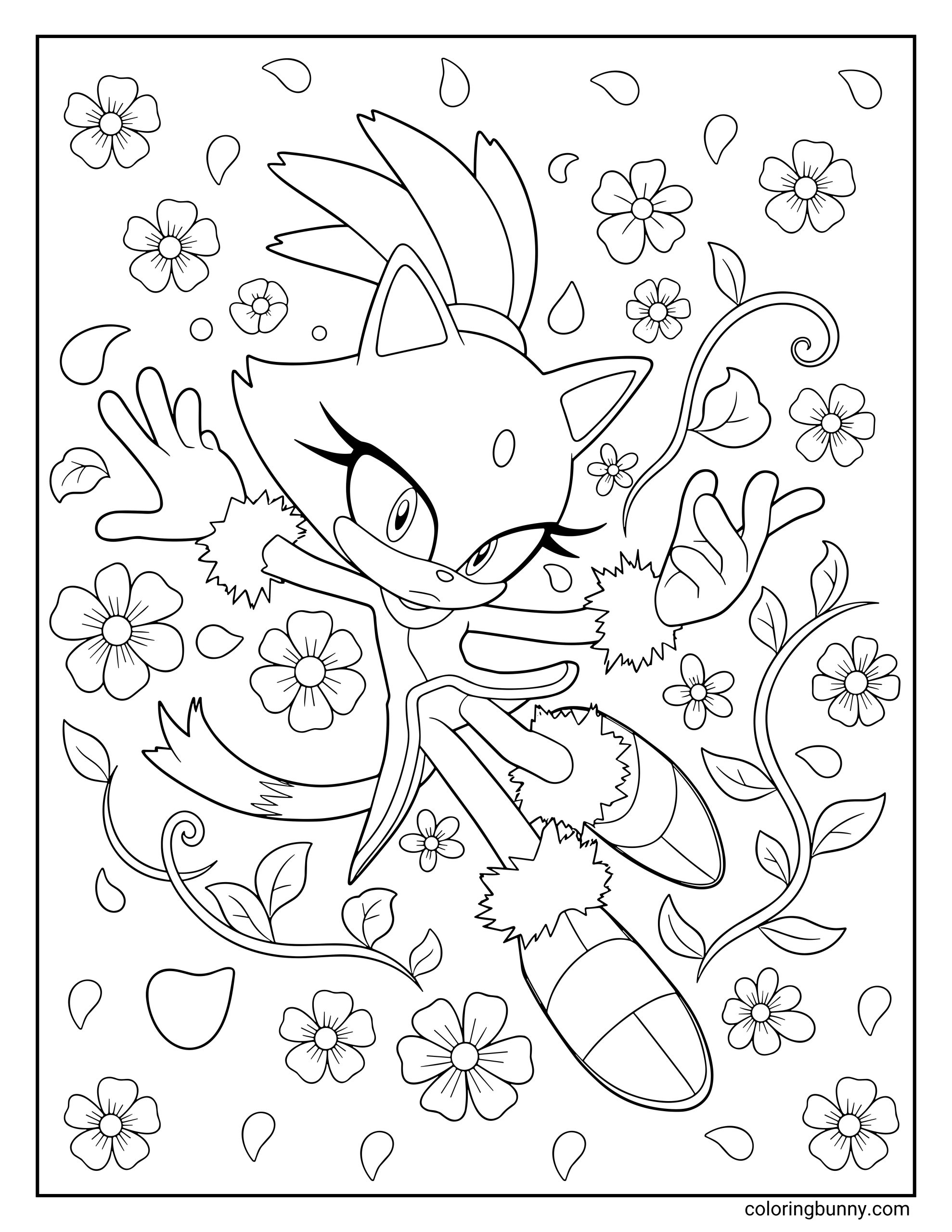 A coloring page of Blaze the Cat gracefully surrounded by flowers and petals swirling in the air. Her hands are outstretched as she poses confidently, ready to use her fiery powers.