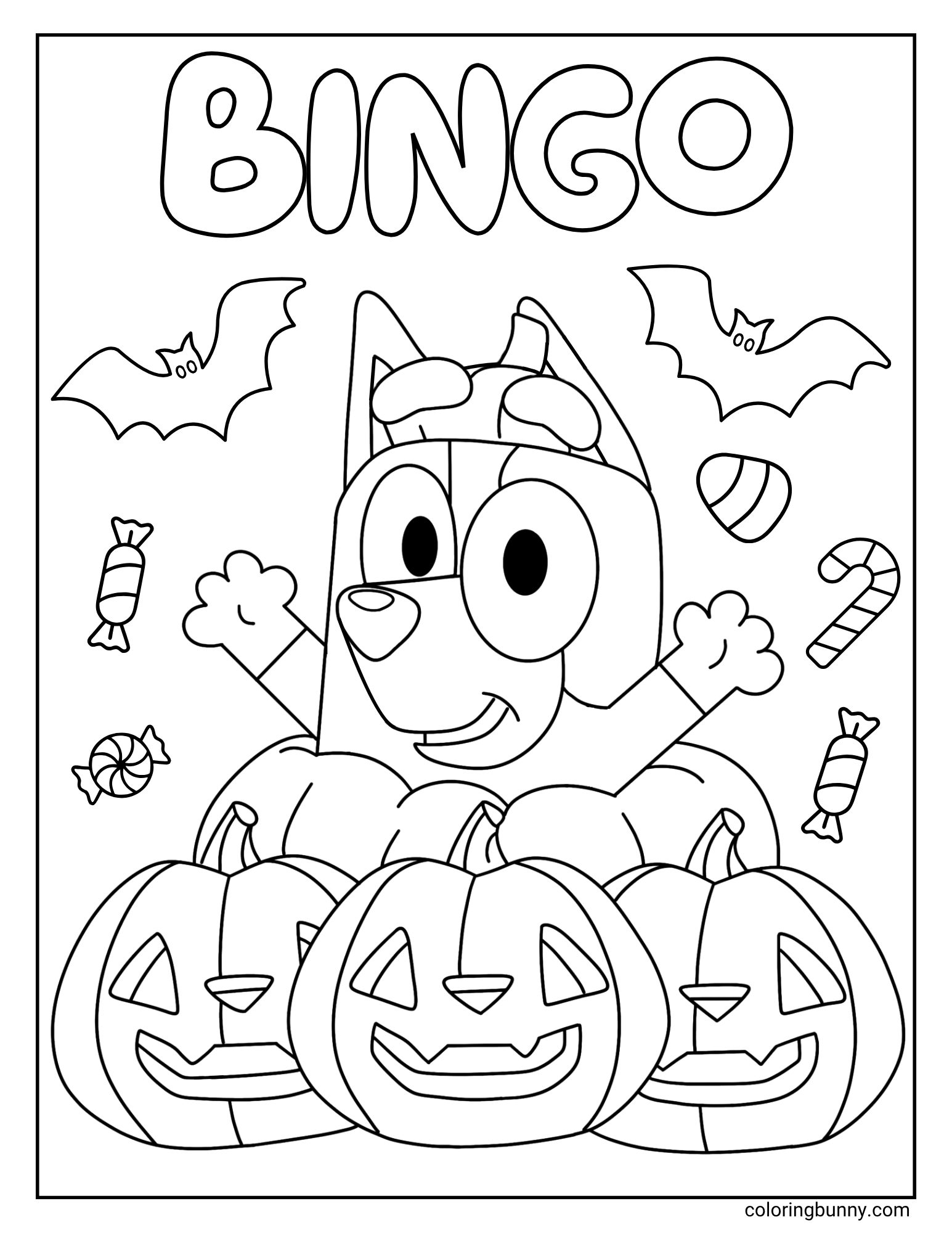 A Bingo Halloween coloring page of Bluey's sister, Bingo, with her name at the top. She is popping up excitedly from behind a pile of jack-o'-lanterns, surrounded by candy and bats. The top of a pumpkin is playfully sitting on her head like a hat.