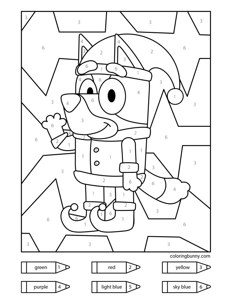 A color-by-number Christmas coloring page of Bluey dressed as a cheerful elf, surrounded by festive geometric shapes in the background.
