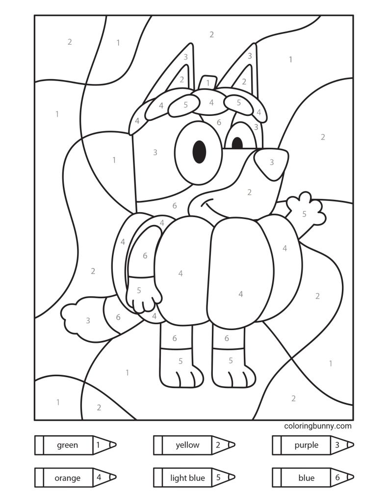 Bluey dressed up for Halloween wearing a large pumpkin in a color-by-numbers page. The picture includes numbered sections and a color key showing crayons labeled green, yellow, purple, orange, light blue, and blue.