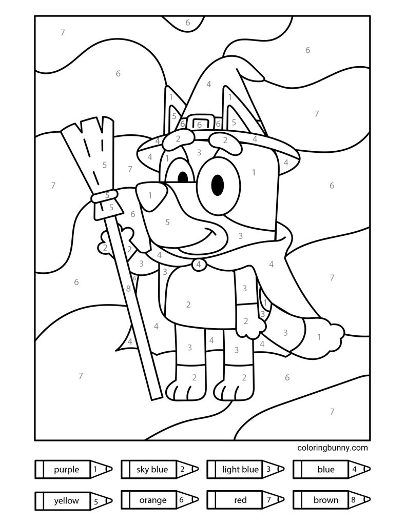 Bluey dressed as a cheerful little witch holding a broomstick in a Halloween color-by-numbers page. The picture includes numbered sections for each color, with a legend showing crayons labeled purple, sky blue, light blue, blue, yellow, orange, red, and brown.