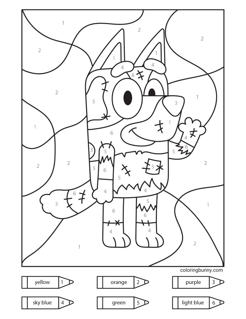 Bluey dressed in a stitched-up Halloween costume in a color-by-numbers page. The image includes numbered sections across Bluey’s body and background, with a color key showing crayons labeled yellow, orange, purple, sky blue, green, and light blue.