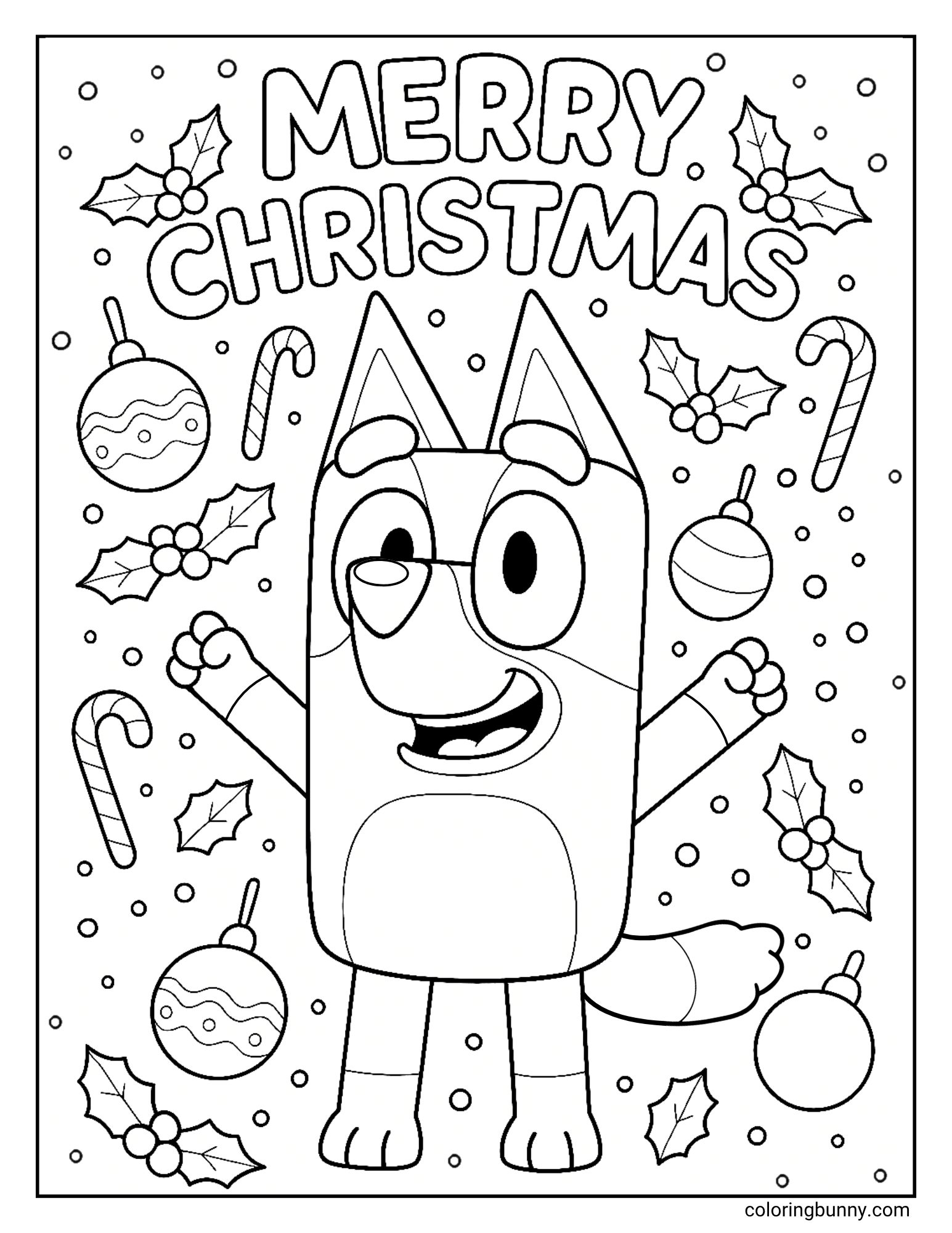 A Bluey Christmas coloring page featuring the character Bluey. She is standing with her arms up excitedly, surrounded by a festive pattern of holly, candy canes, ornaments, and snow.