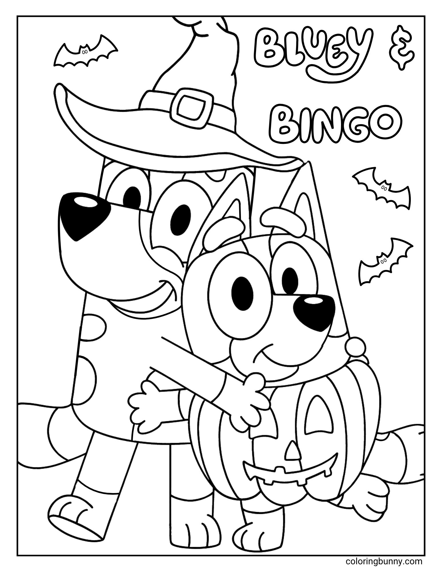 A black and white coloring page of the cartoon characters Bluey and Bingo, with their names at the top. Bluey, dressed as a witch, is giving her little sister Bingo a reassuring hug from behind as Bingo holds a large jack-o'-lantern. The background has friendly flying bats.