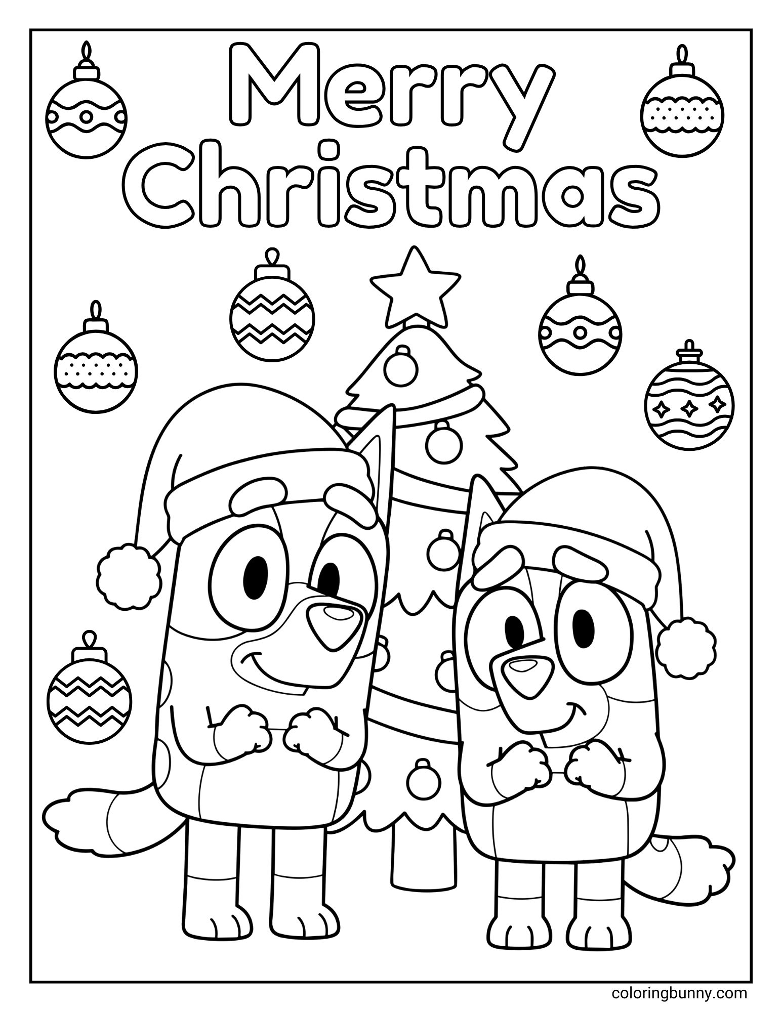 A Bluey Christmas coloring page featuring the characters Bluey and Bingo. They are both wearing Santa hats and standing excitedly next to a decorated Christmas tree, surrounded by ornaments.