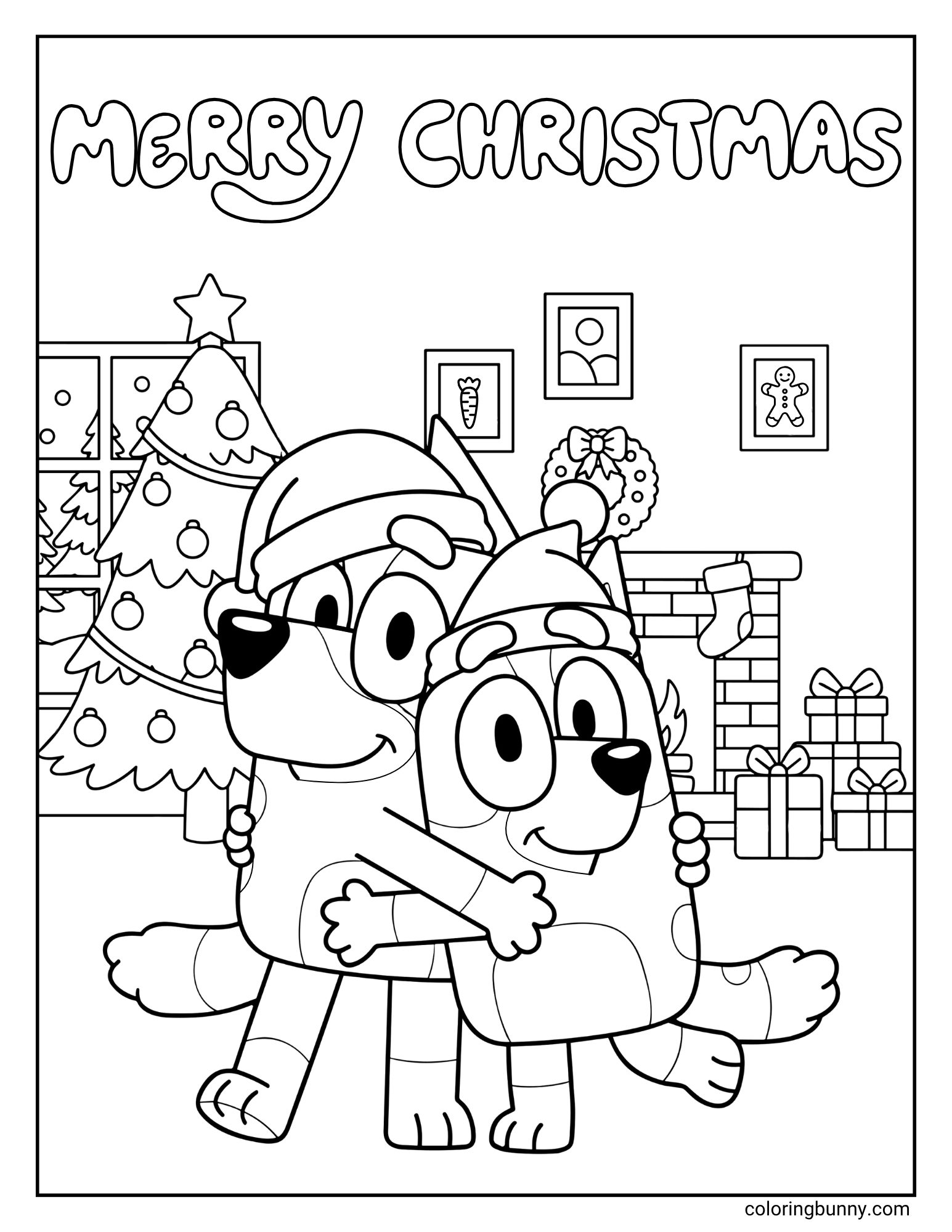 A Bluey Christmas coloring page featuring the characters Bluey and Bingo. Bluey is hugging Bingo in a cozy room. The background includes a Christmas tree, presents, and a fireplace.