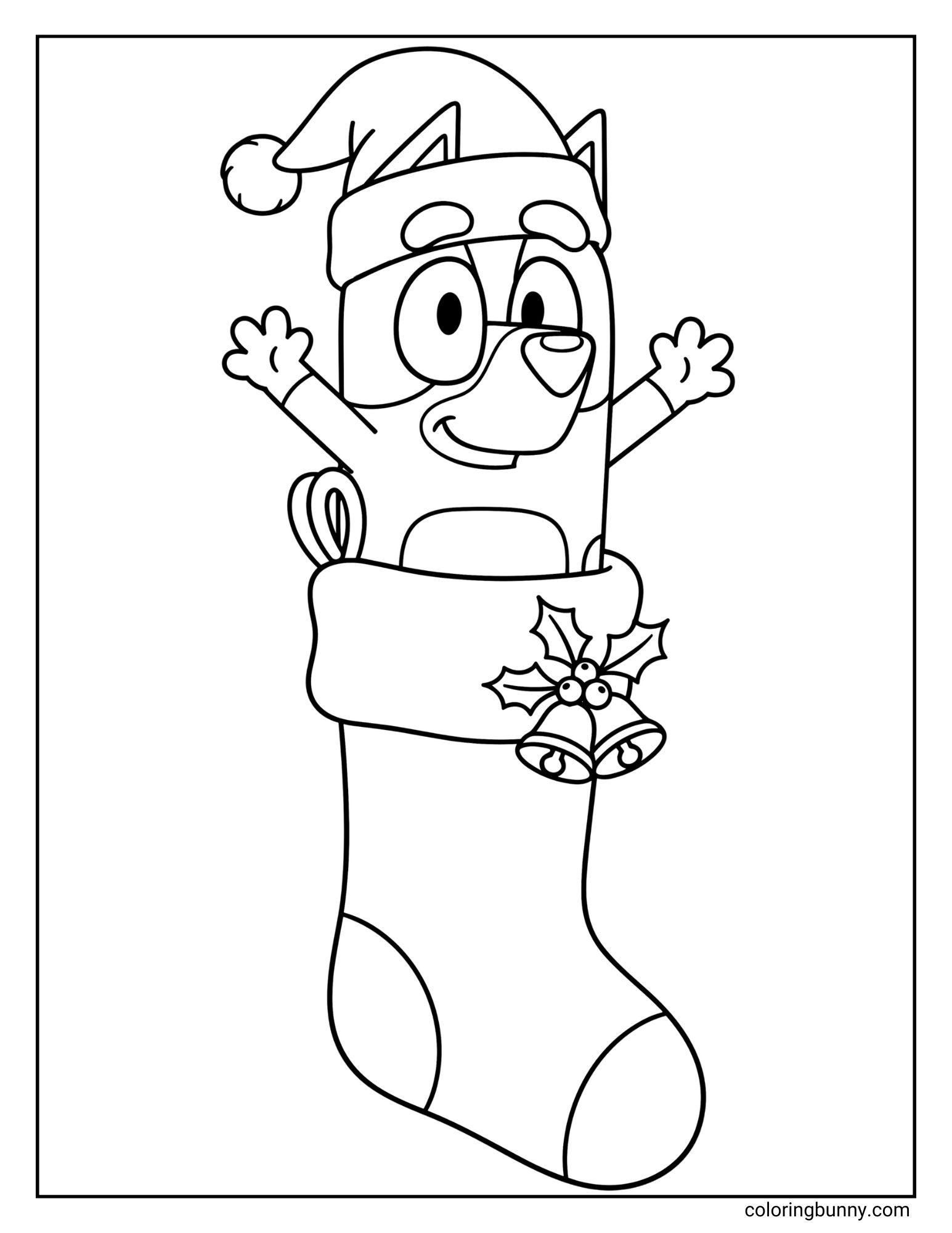 A black and white Bluey Christmas coloring page featuring the character Bluey. She is wearing a Santa hat and popping happily out of a Christmas stocking that is decorated with holly and jingle bells.