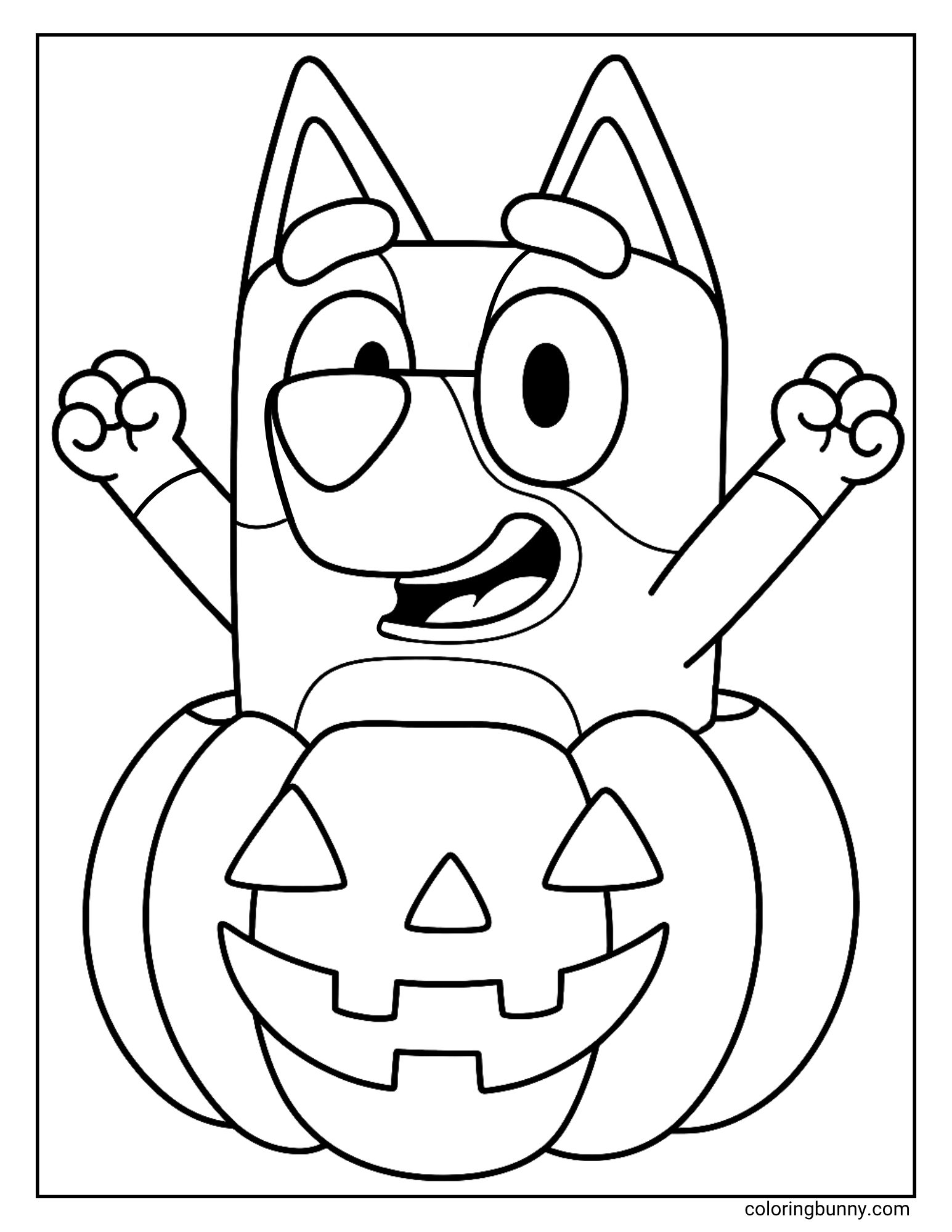 A fun and simple Bluey Halloween coloring sheet of the cartoon character Bluey. She is popping up out of a large, carved jack-o'-lantern with a happy and excited expression, her arms raised in a 'boo!' gesture.