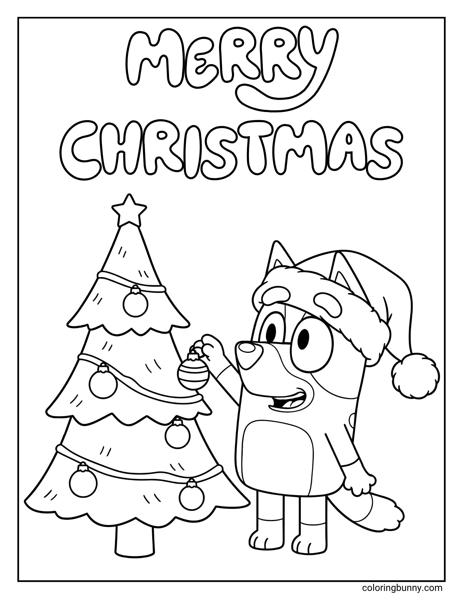A Bluey Christmas coloring page featuring the character Bluey. She is wearing a Santa hat and happily hanging an ornament on a decorated Christmas tree.