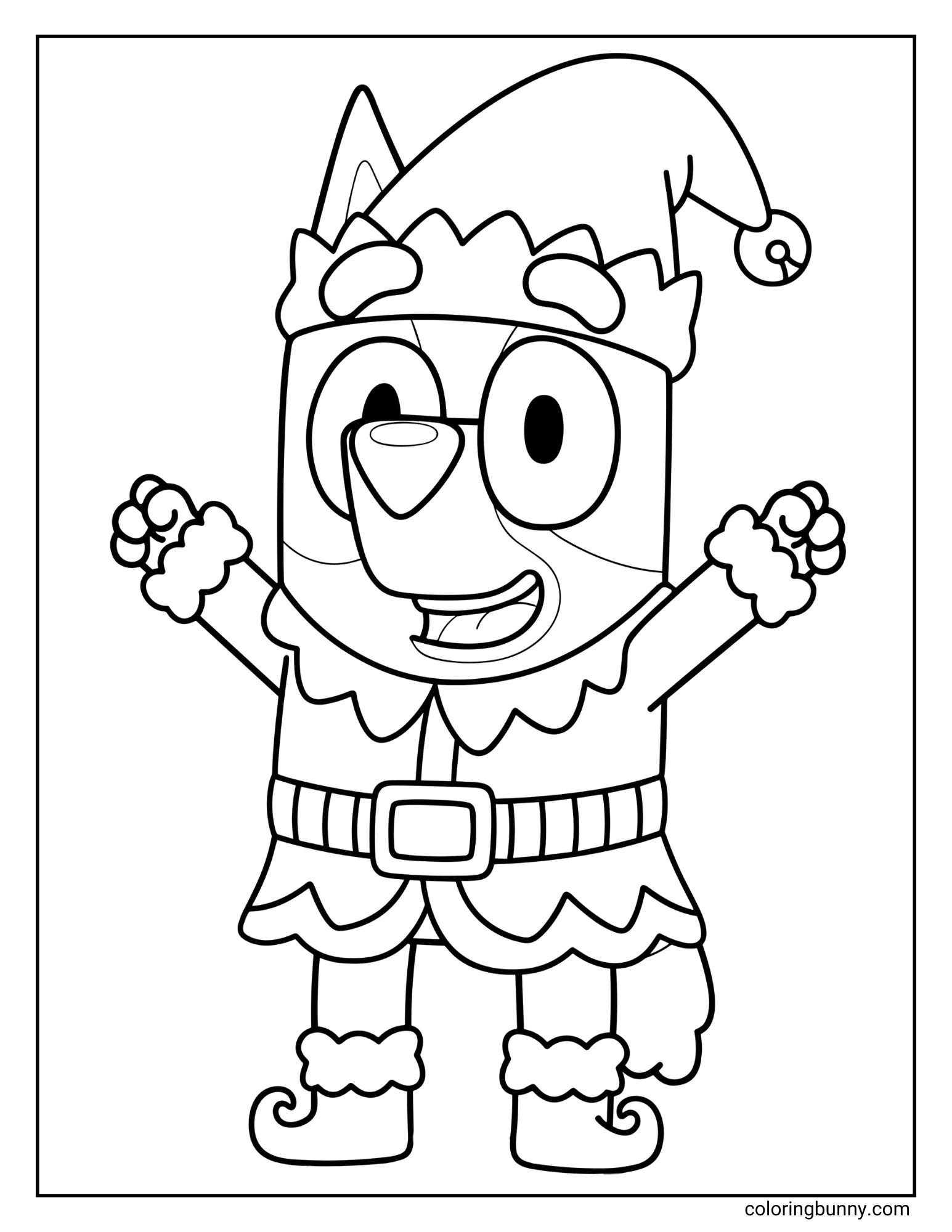 A Bluey Christmas coloring page featuring the character Bluey. She is smiling and dressed in a full Christmas elf costume, complete with a hat, tunic, and curly-toed shoes.