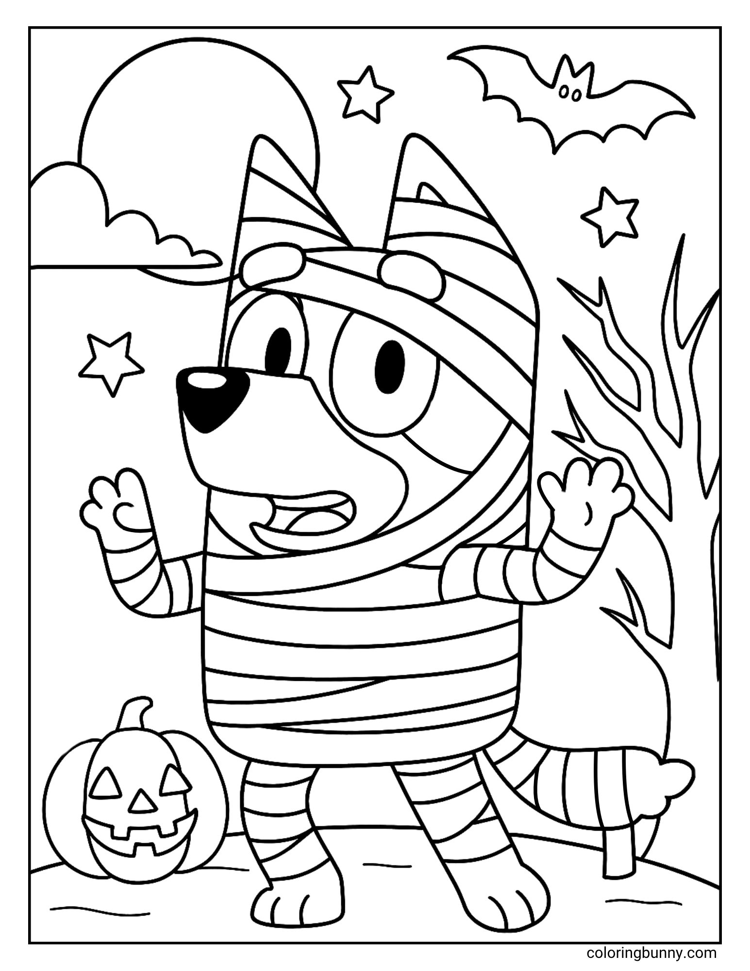 A funny Bluey Halloween coloring page of Bluey dressed as a mummy. She is wrapped in bandages from head to toe and is doing a spooky mummy walk in a haunted scene with a jack-o'-lantern, a bat, and a full moon.
