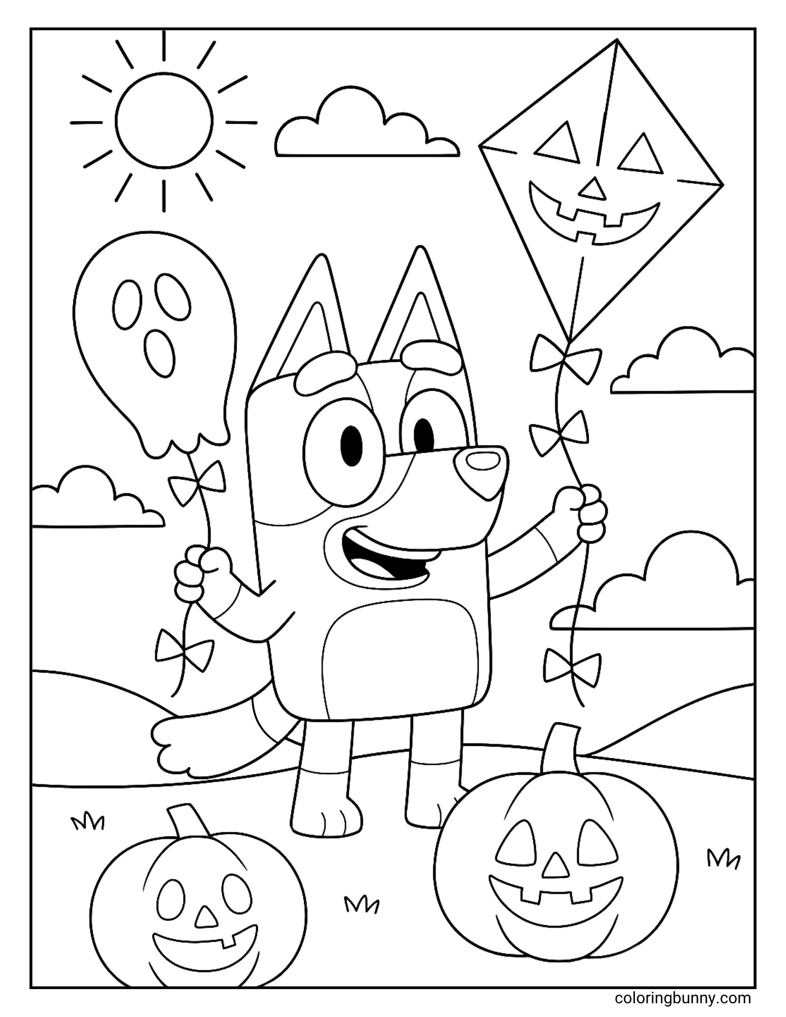 A black and white Bluey Halloween coloring page of the cartoon character Bluey enjoying a windy day. She is happily holding the string of a large jack-o'-lantern kite in one hand and a ghost-shaped balloon in the other. The scene is set in a sunny field with pumpkins on the ground.